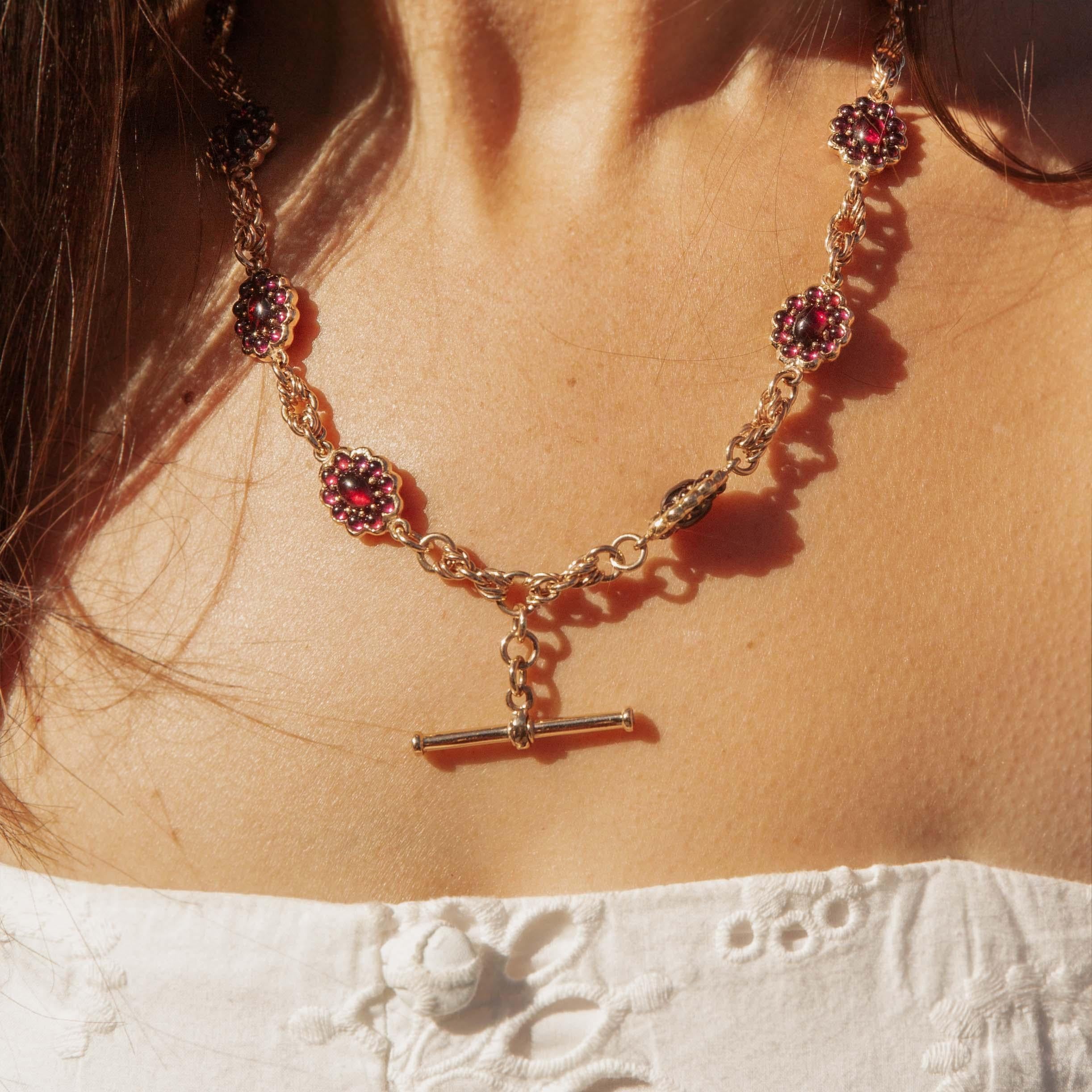 Antique Garnet & Diamond Toggle Bar Necklace 9 Carat Yellow Gold For Sale 6