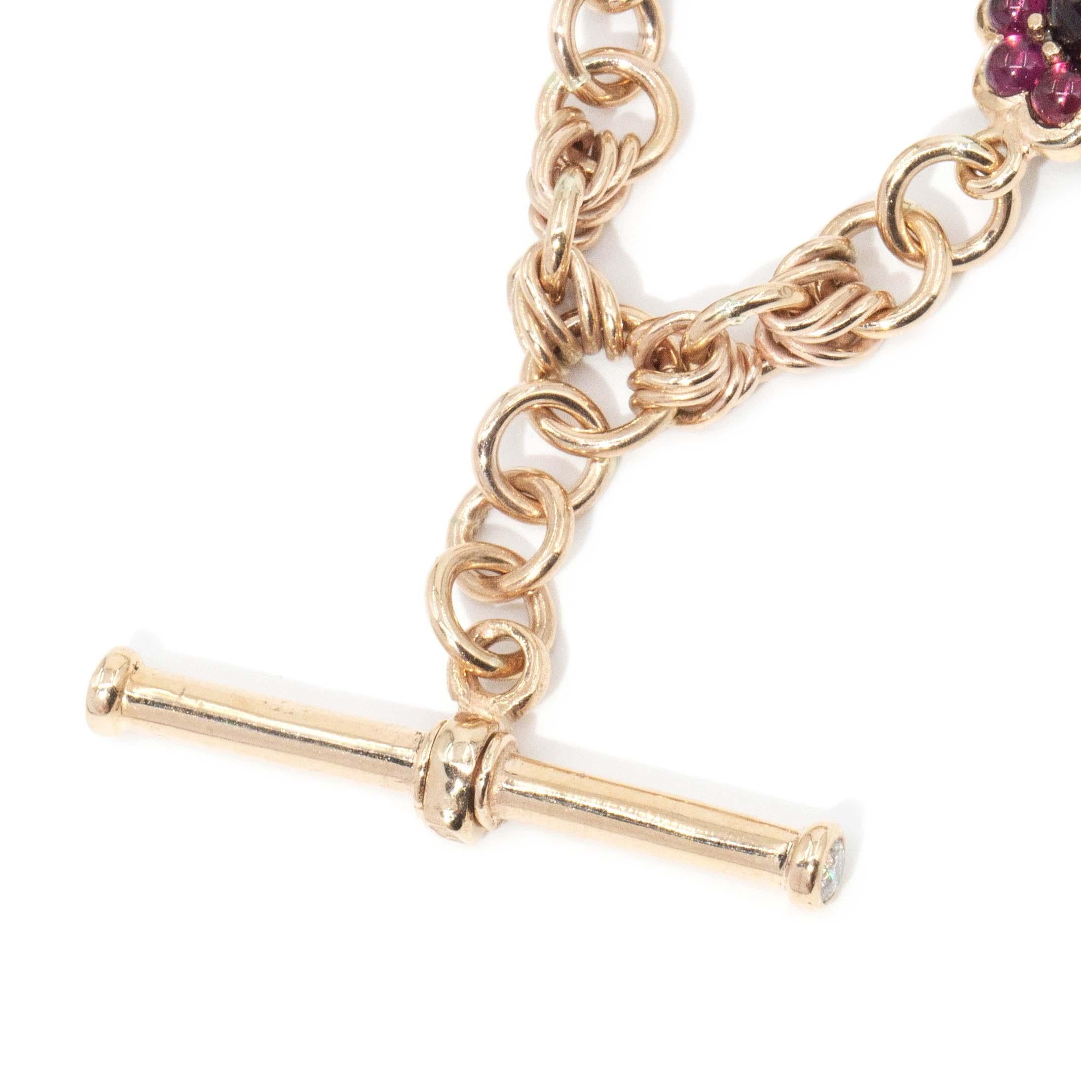 Antique Garnet & Diamond Toggle Bar Necklace 9 Carat Yellow Gold For Sale 7