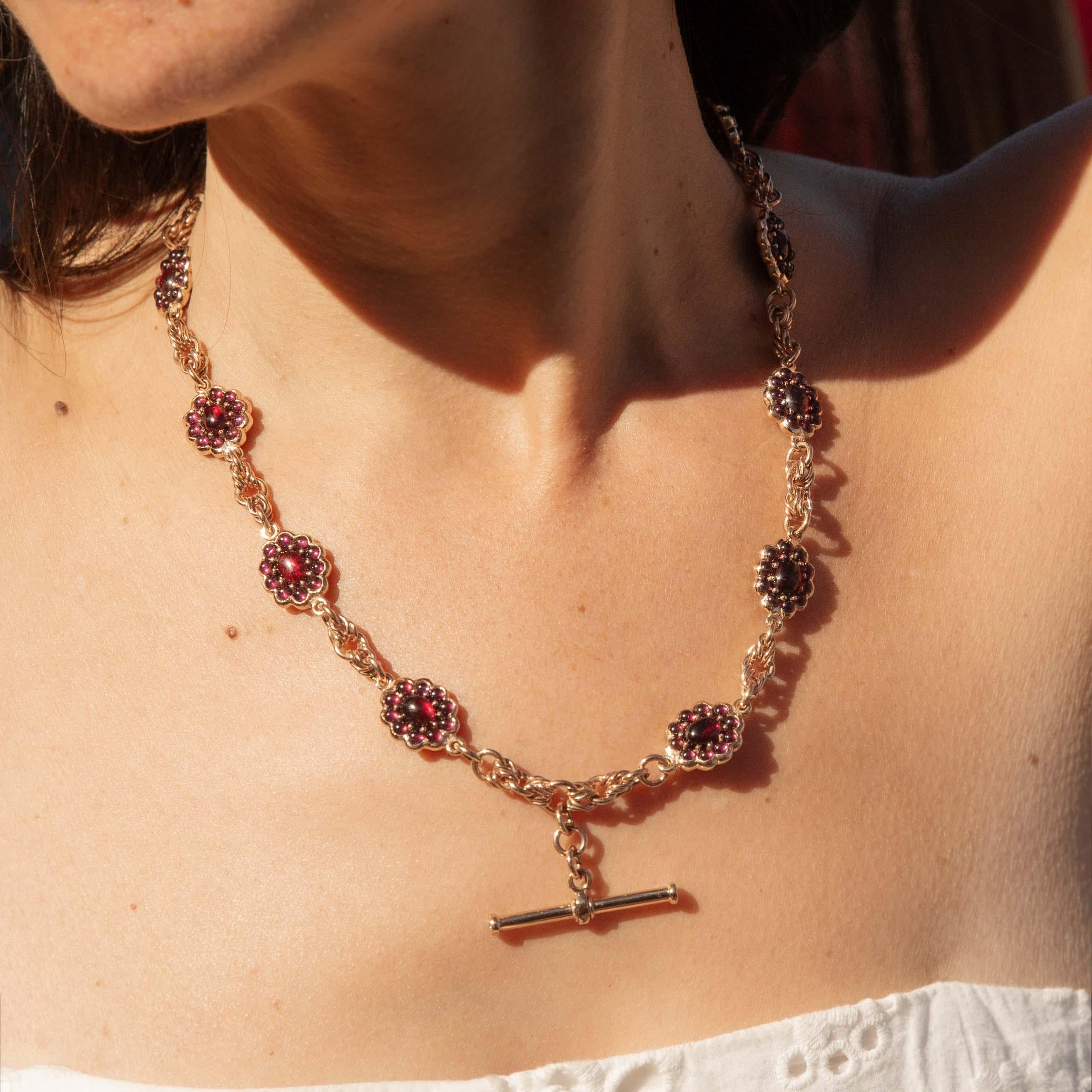 Antique Garnet & Diamond Toggle Bar Necklace 9 Carat Yellow Gold For Sale 8