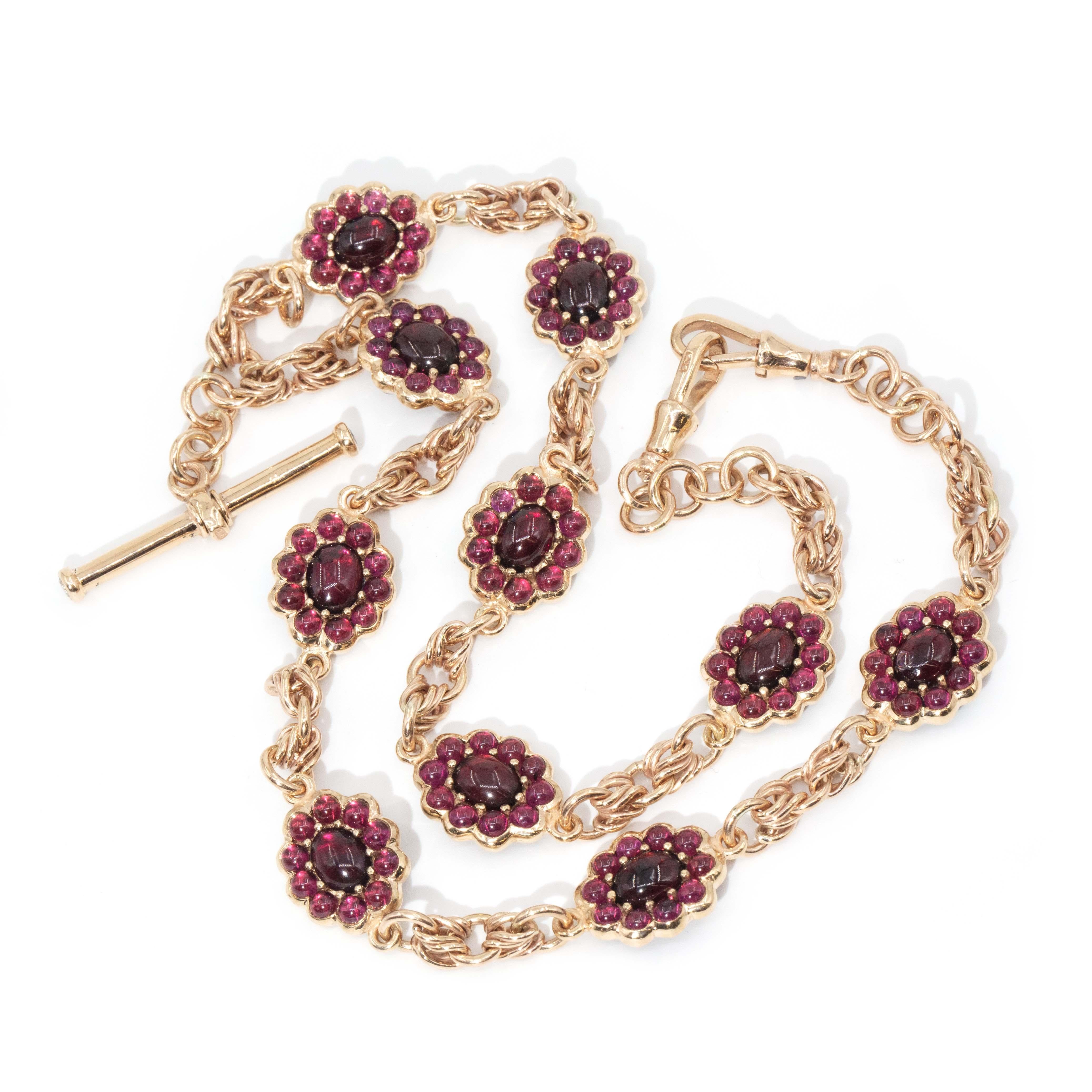 Modern Antique Garnet & Diamond Toggle Bar Necklace 9 Carat Yellow Gold For Sale