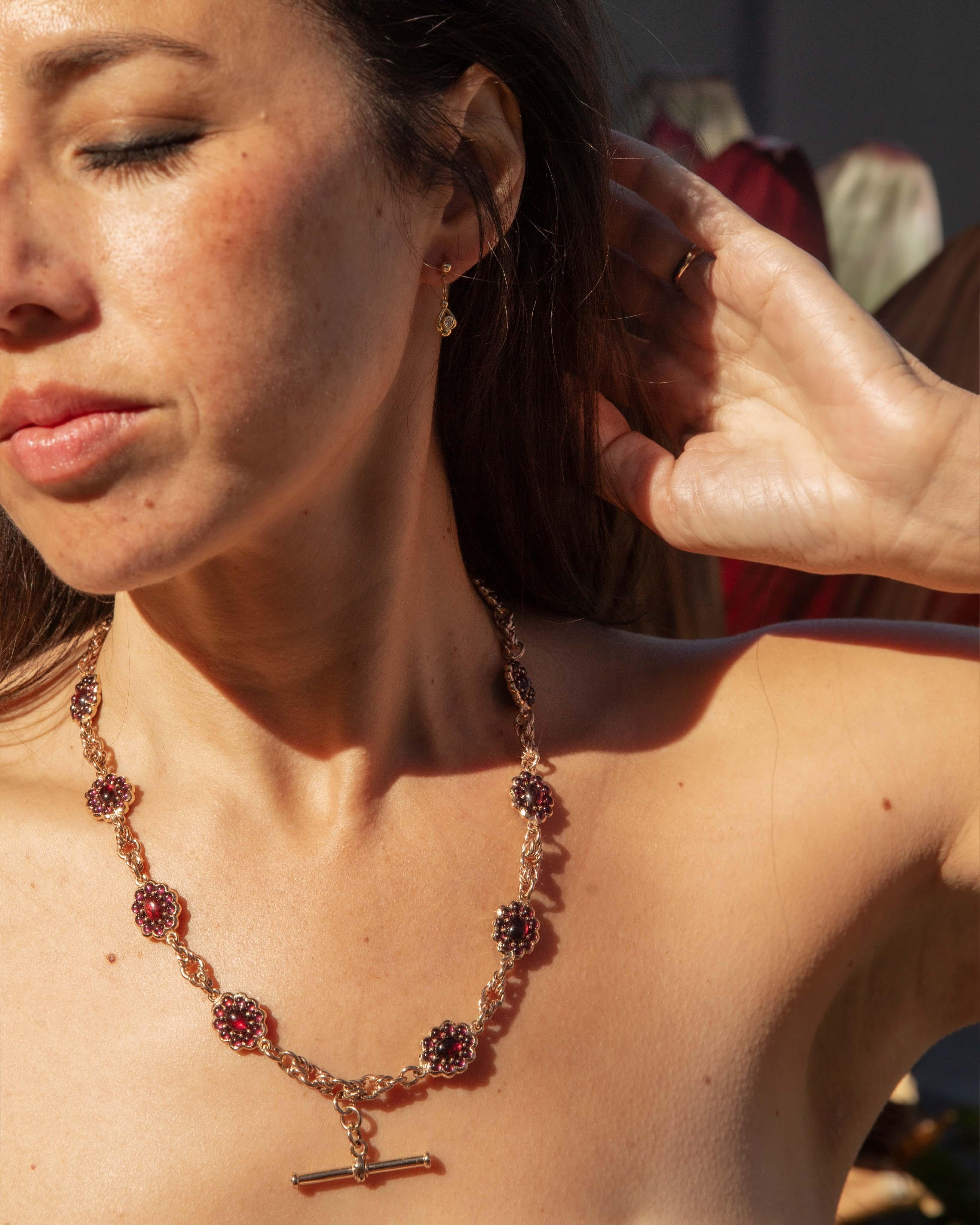 Antique Garnet & Diamond Toggle Bar Necklace 9 Carat Yellow Gold For Sale 2