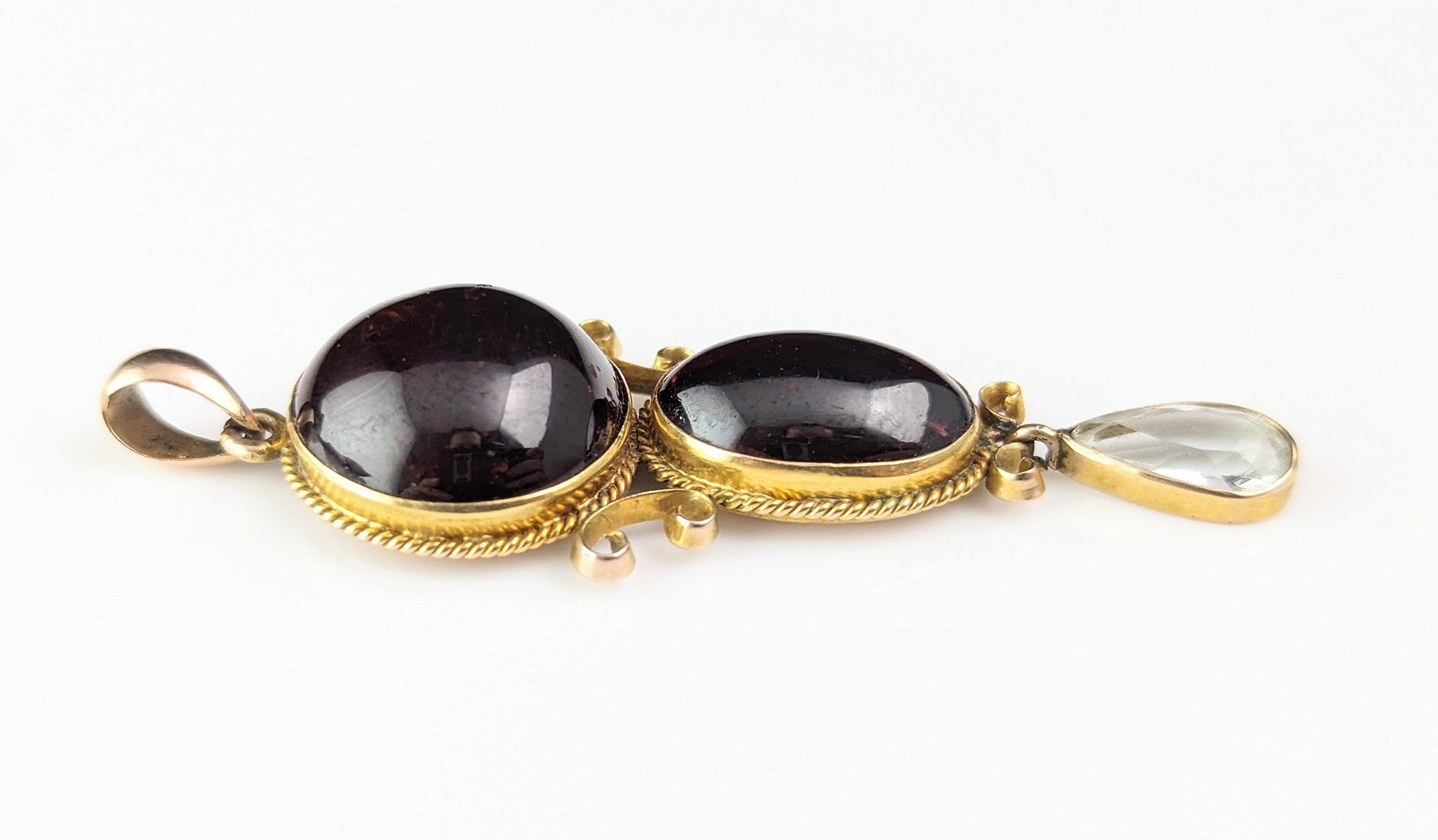 Antique Garnet drop pendant, Garnet cabochon and Aquamarine, 9k gold  5
