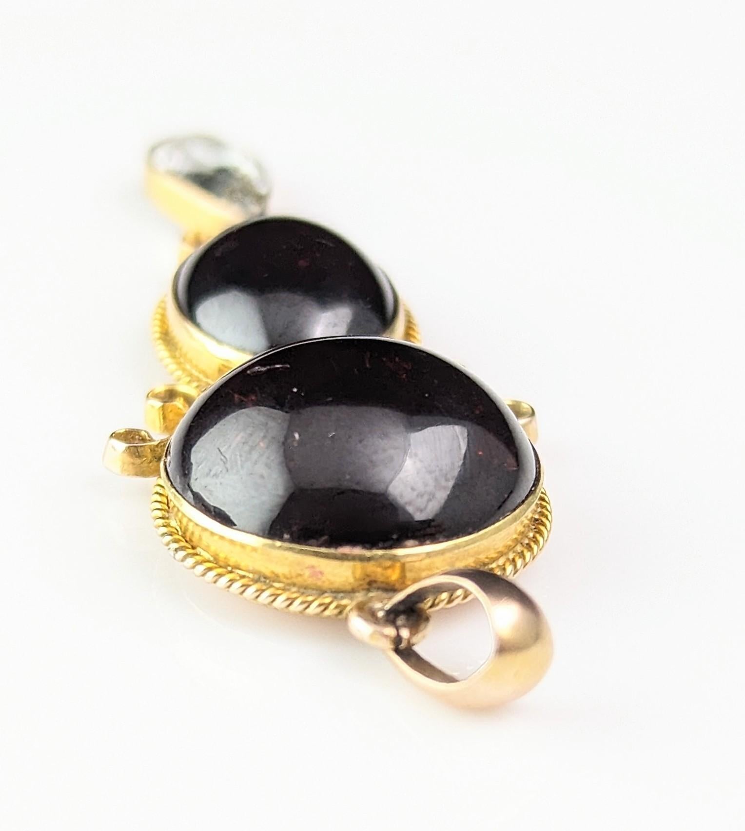 Antique Garnet drop pendant, Garnet cabochon and Aquamarine, 9k gold  6