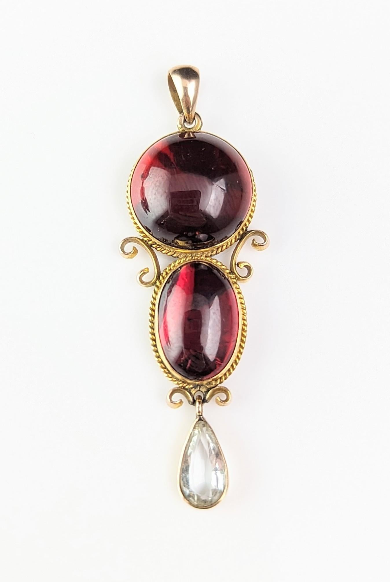 Antique Garnet drop pendant, Garnet cabochon and Aquamarine, 9k gold  7