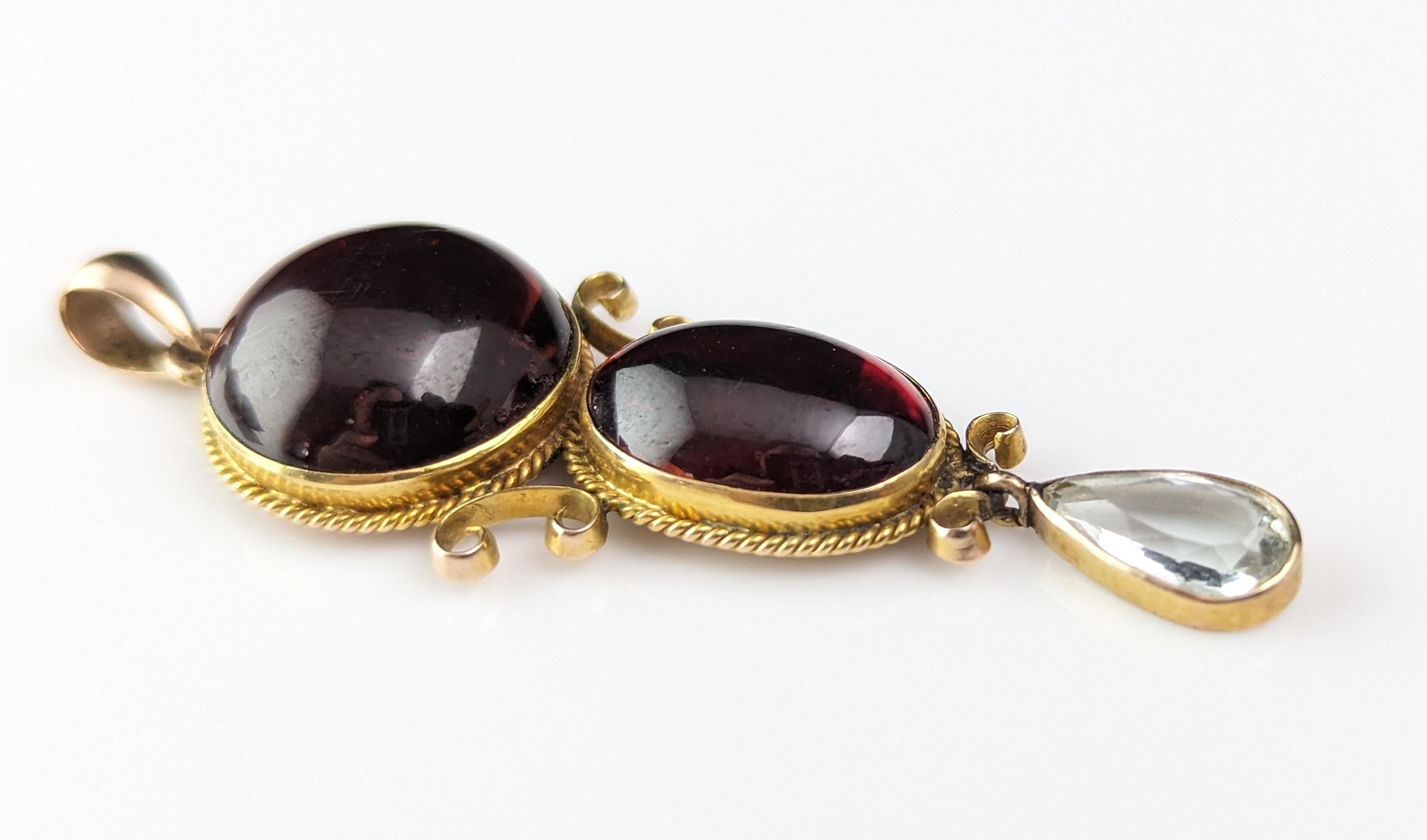 Antique Garnet drop pendant, Garnet cabochon and Aquamarine, 9k gold  8