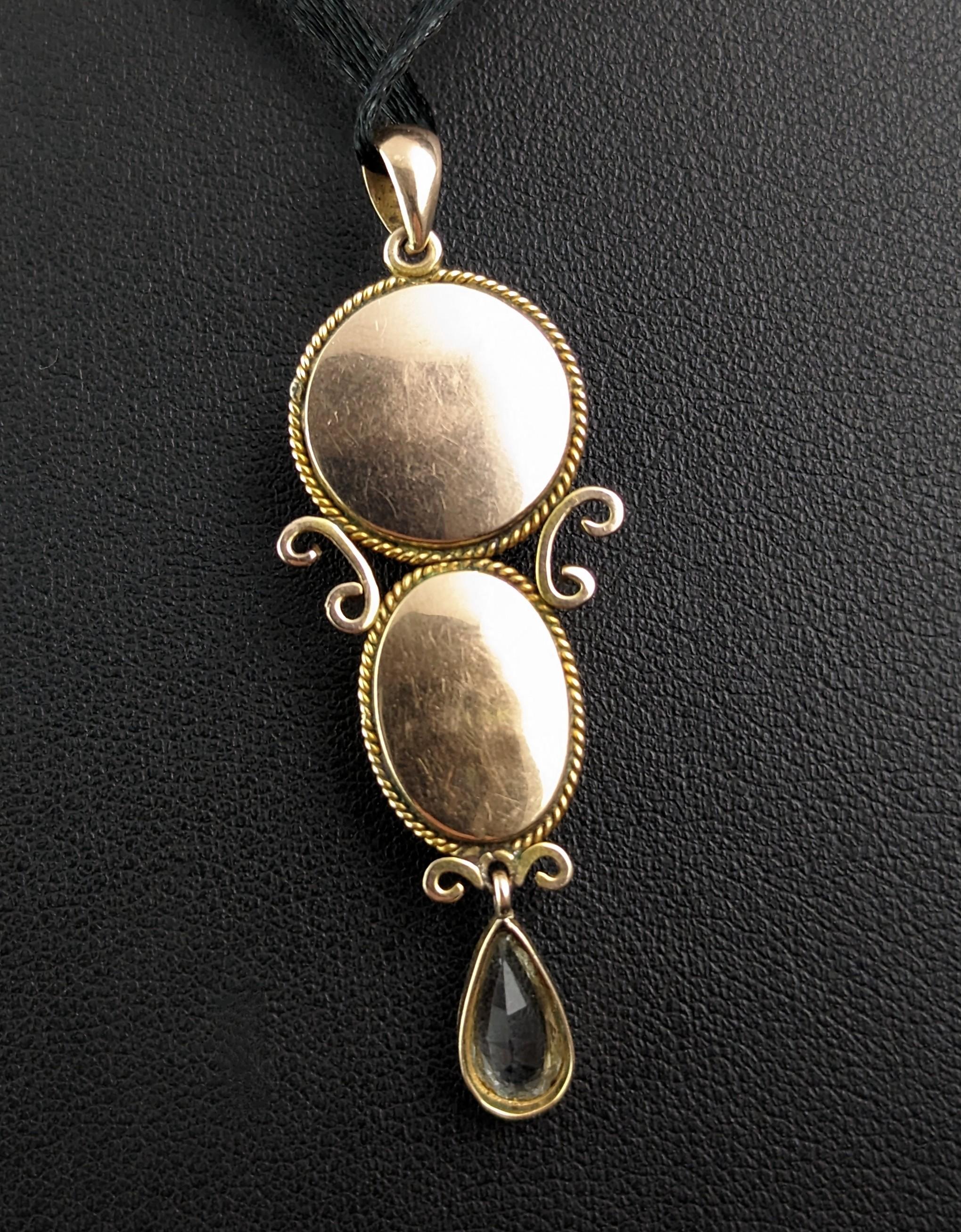 Cabochon Antique Garnet drop pendant, Garnet cabochon and Aquamarine, 9k gold 
