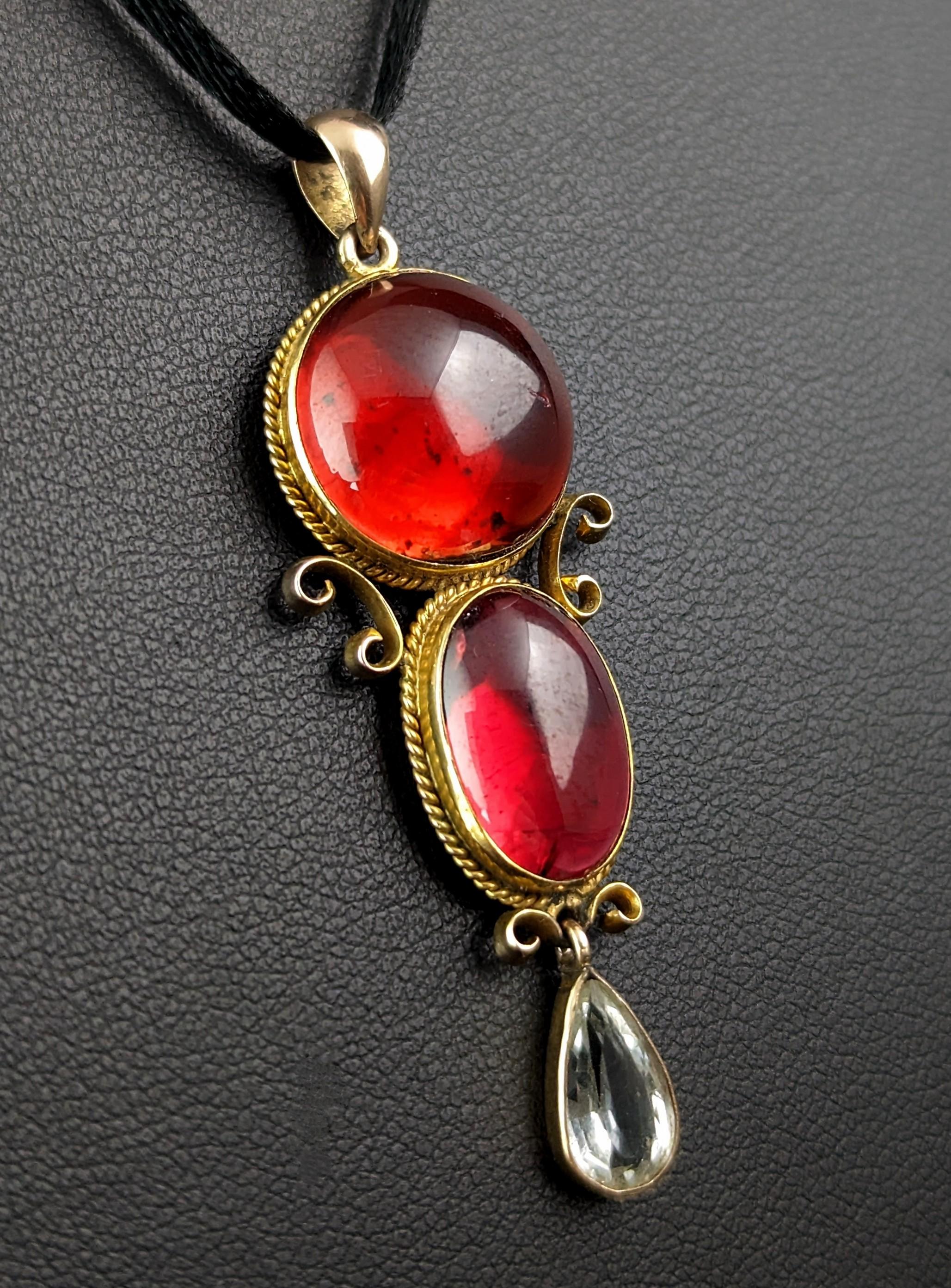 Women's Antique Garnet drop pendant, Garnet cabochon and Aquamarine, 9k gold 