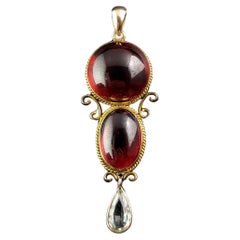 Antique Garnet drop pendant, Garnet cabochon and Aquamarine, 9k gold