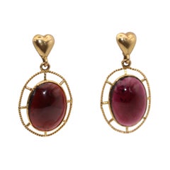 Antique Garnet Earrings with Heart Motifs 14K Gold, Circa 1900