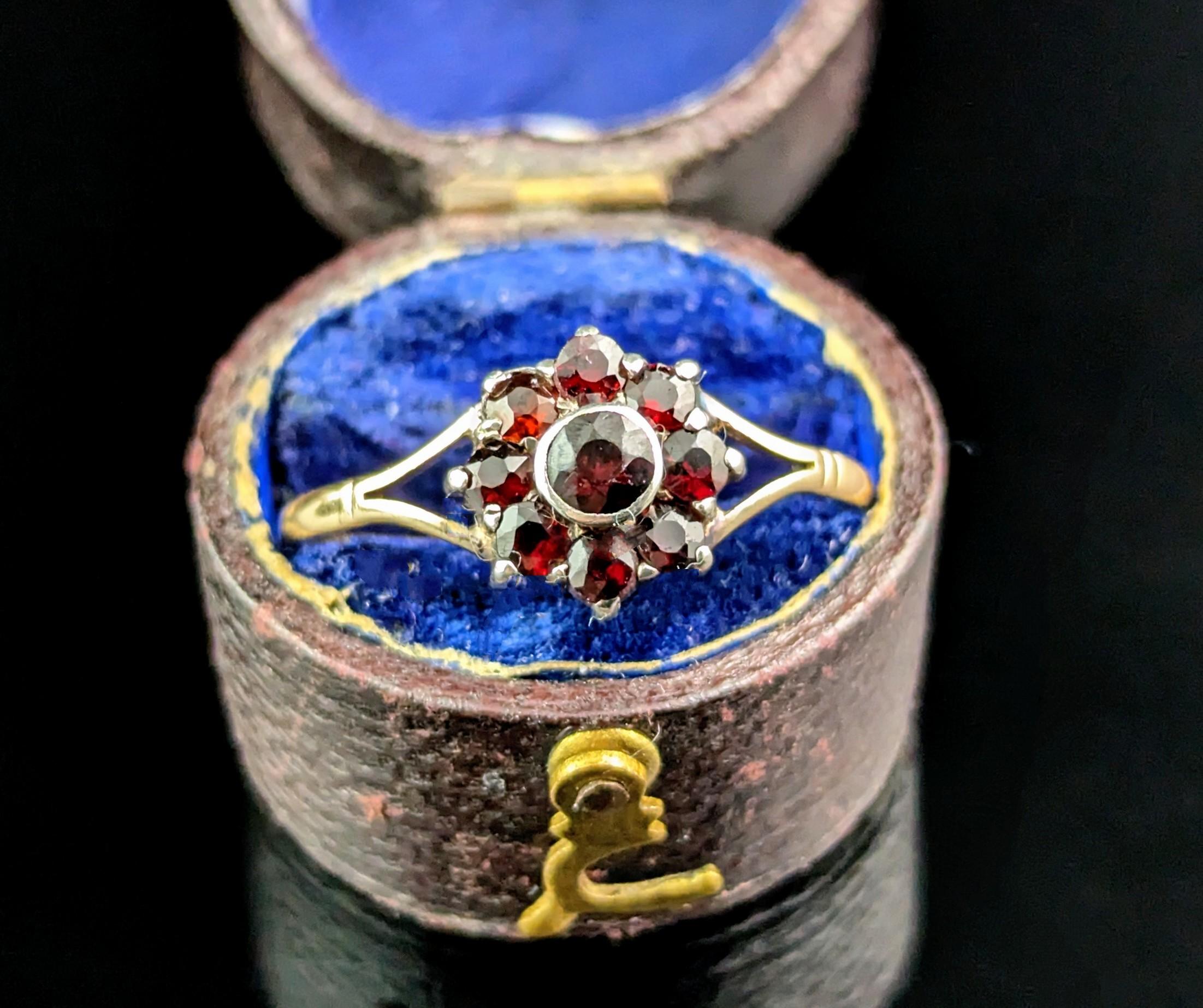 The sweetest antique Art Deco era garnet cluster ring.

It is made from 9ct gold and silver the bifurcated shoulders and band with a slight rosey hie, leading onto the pretty floral shaped face with rich deep red Garnets set into sterling