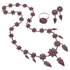 Vintage Garnet Gold Ring, Sterling Silver Necklace & Earrings Set Pouch