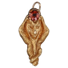 Antique Garnet Green Man Charm of 14k Gold
