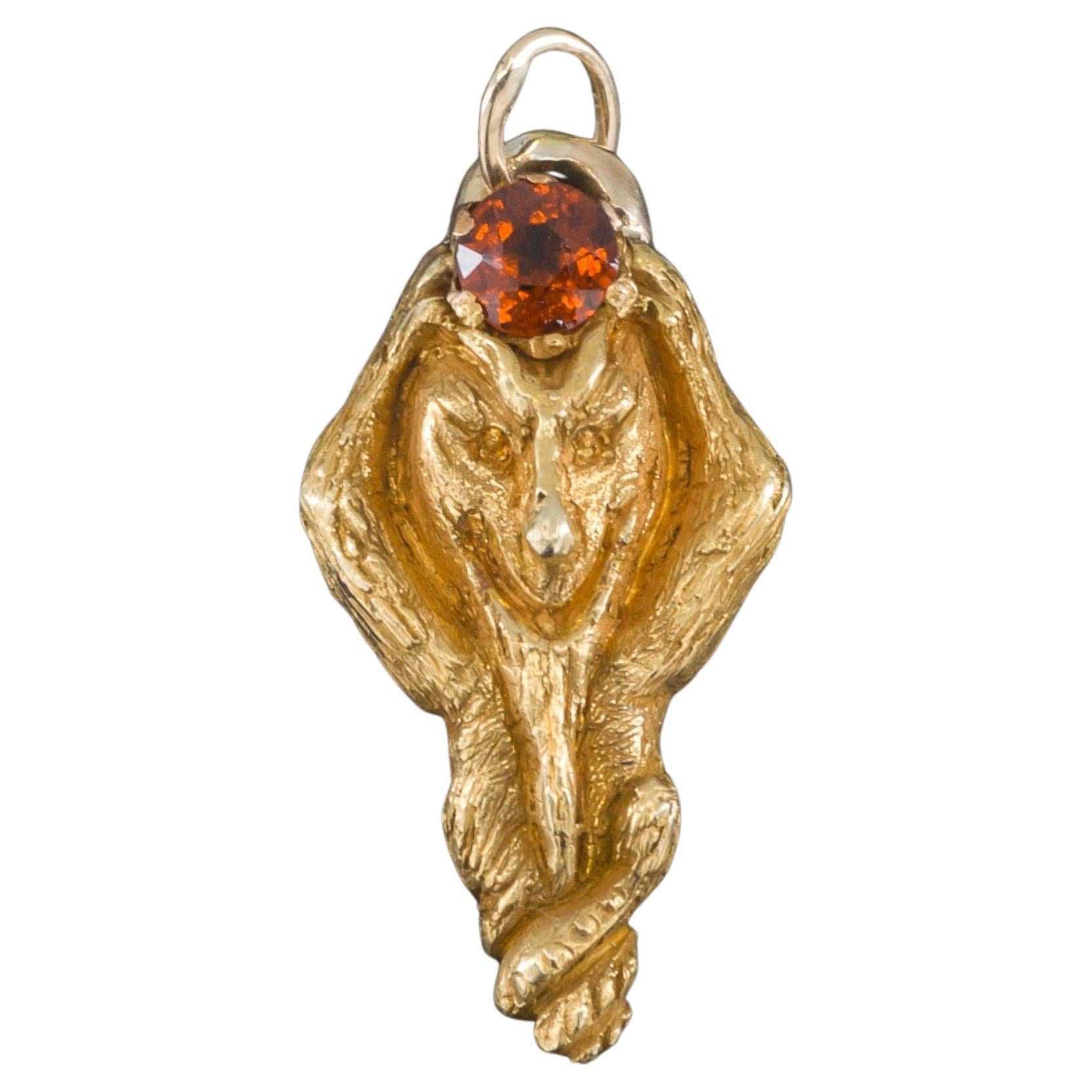 Antique Garnet Green Man Charm of 14k Gold