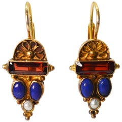 Antique Garnet Lapis Pearl Vermeil Earrings