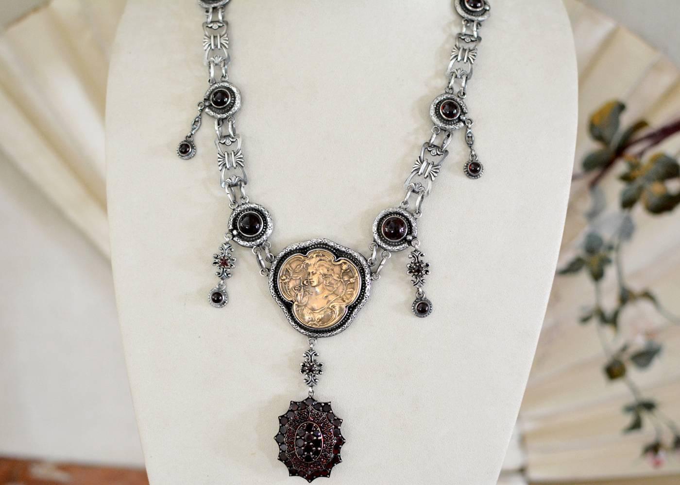 Women's or Men's Jill Garber Bohemian Garnet Victorian Locket Modern Necklace