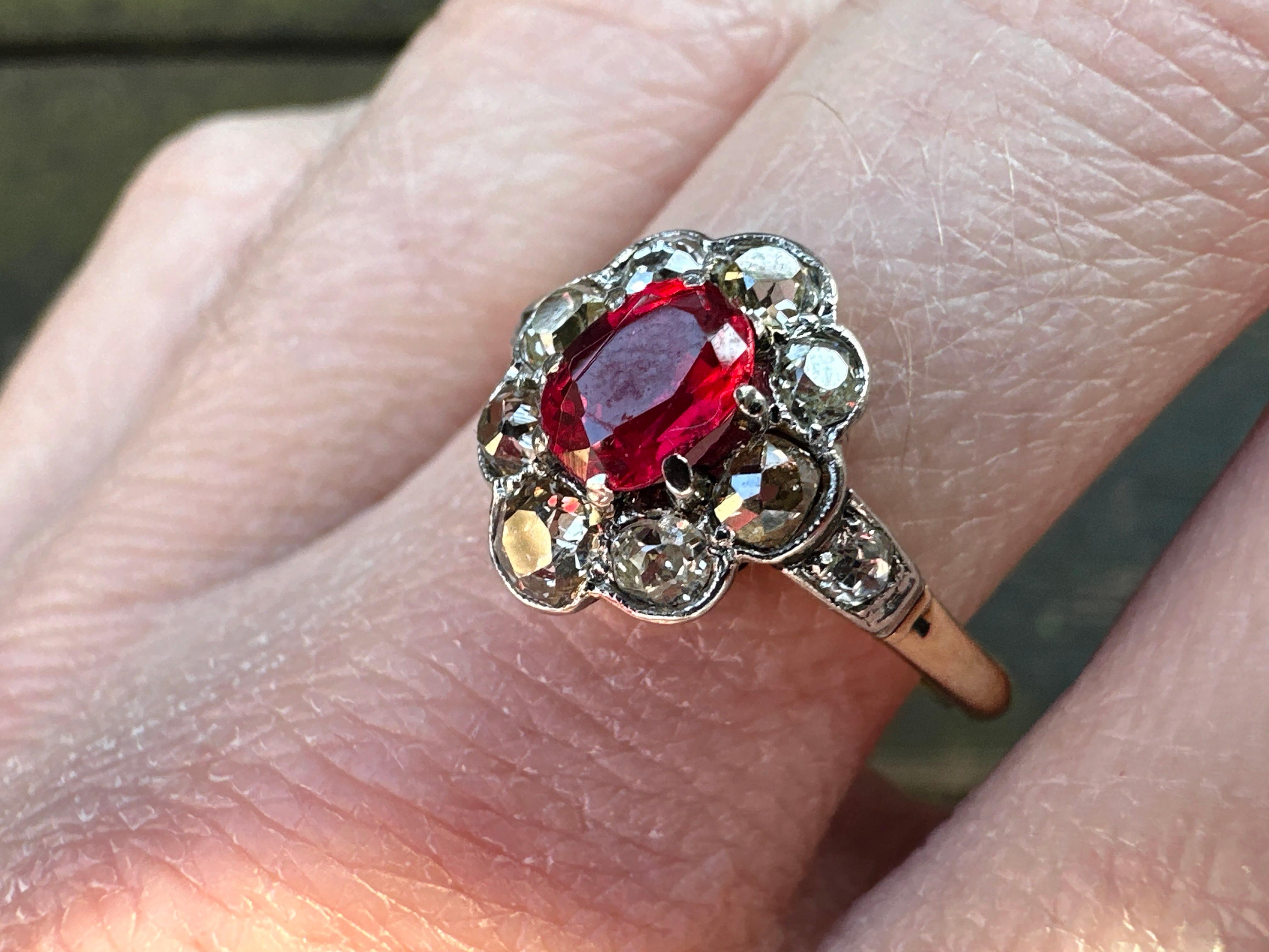 Antique Garnet & Old Mine Cut Diamond Cluster Ring – Platinum on 18kt Gold 1