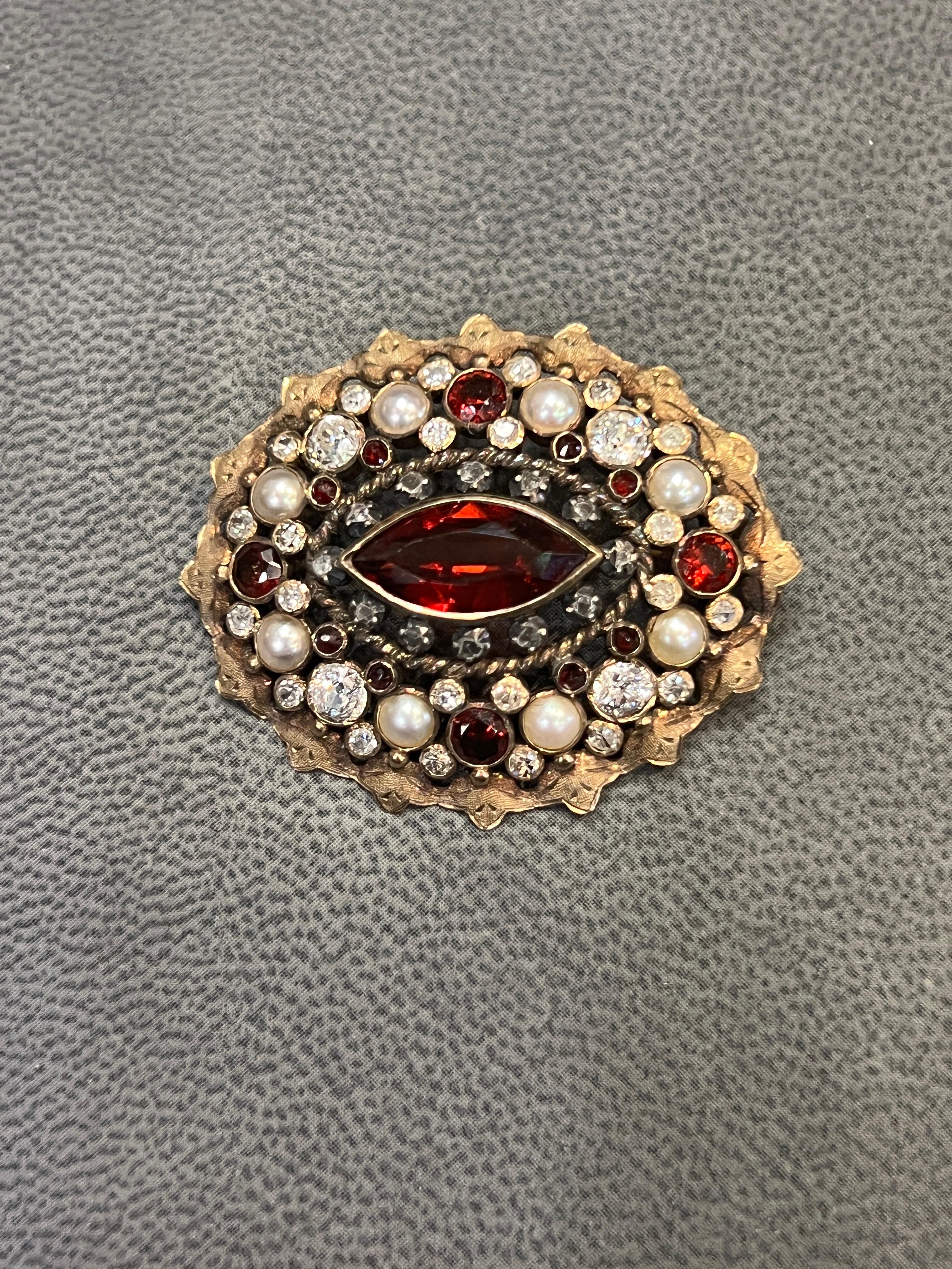 Victorian Antique Garnet & Pearl Brooch For Sale