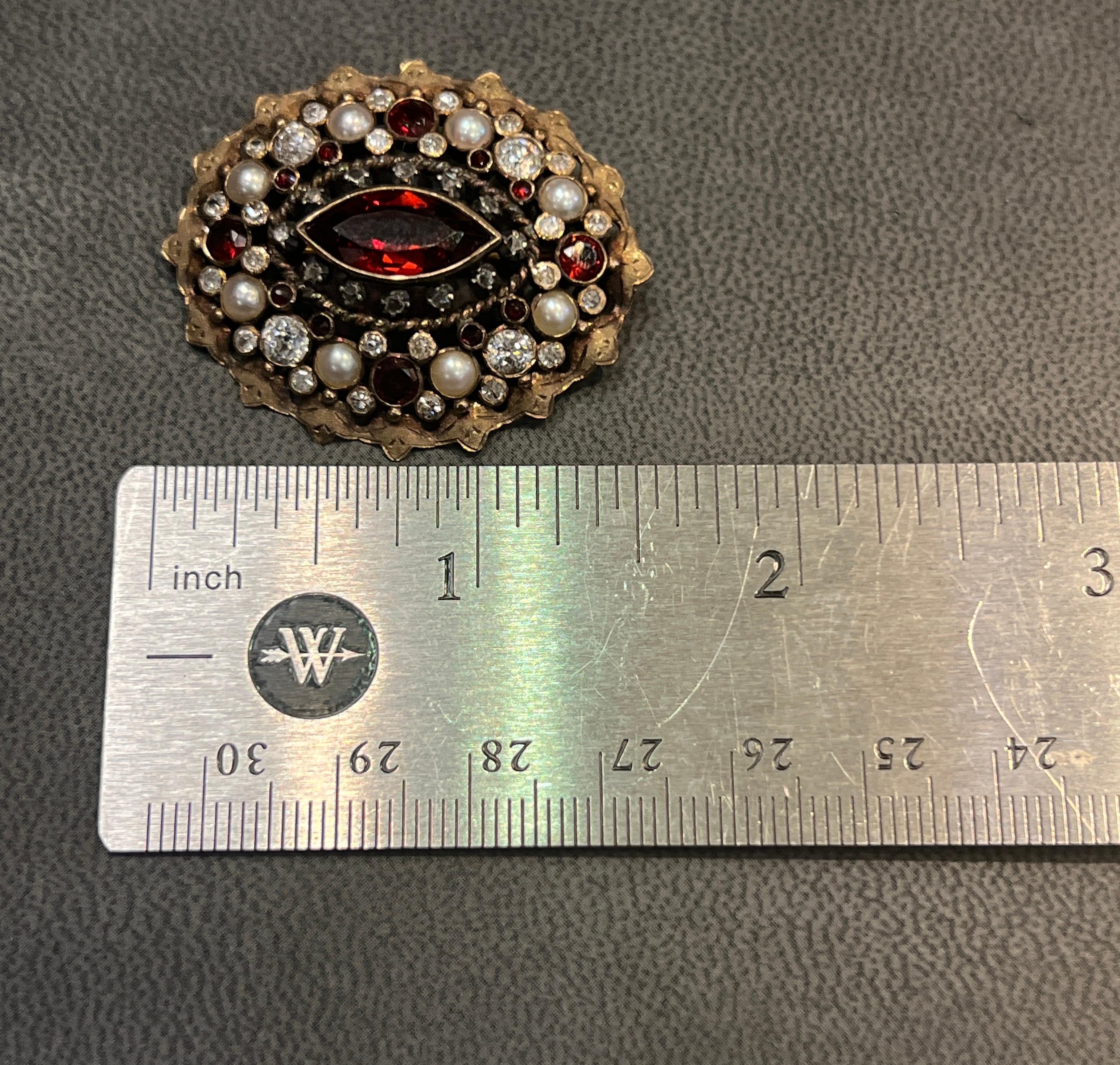 Marquise Cut Antique Garnet & Pearl Brooch For Sale