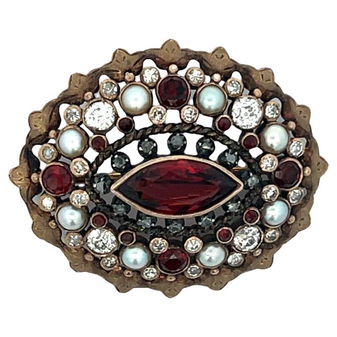 Antique Garnet & Pearl Brooch For Sale