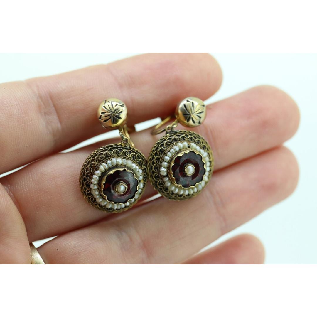 Women's Antique Garnet Pearl seed Earrings. 14k Gold Victorian Etruscan Garnet Dangle
