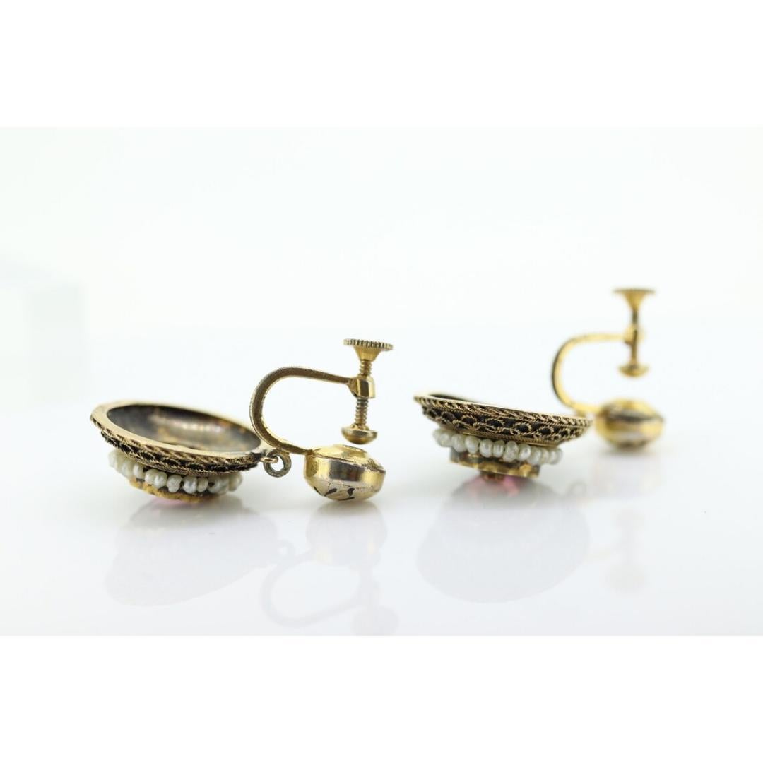 Antique Garnet Pearl seed Earrings. 14k Gold Victorian Etruscan Garnet Dangle 1