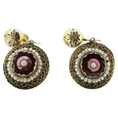 Antique Garnet Pearl seed Earrings. 14k Gold Victorian Etruscan Garnet Dangle