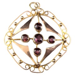 Antique Garnet pendant, Art Nouveau, 9k gold 