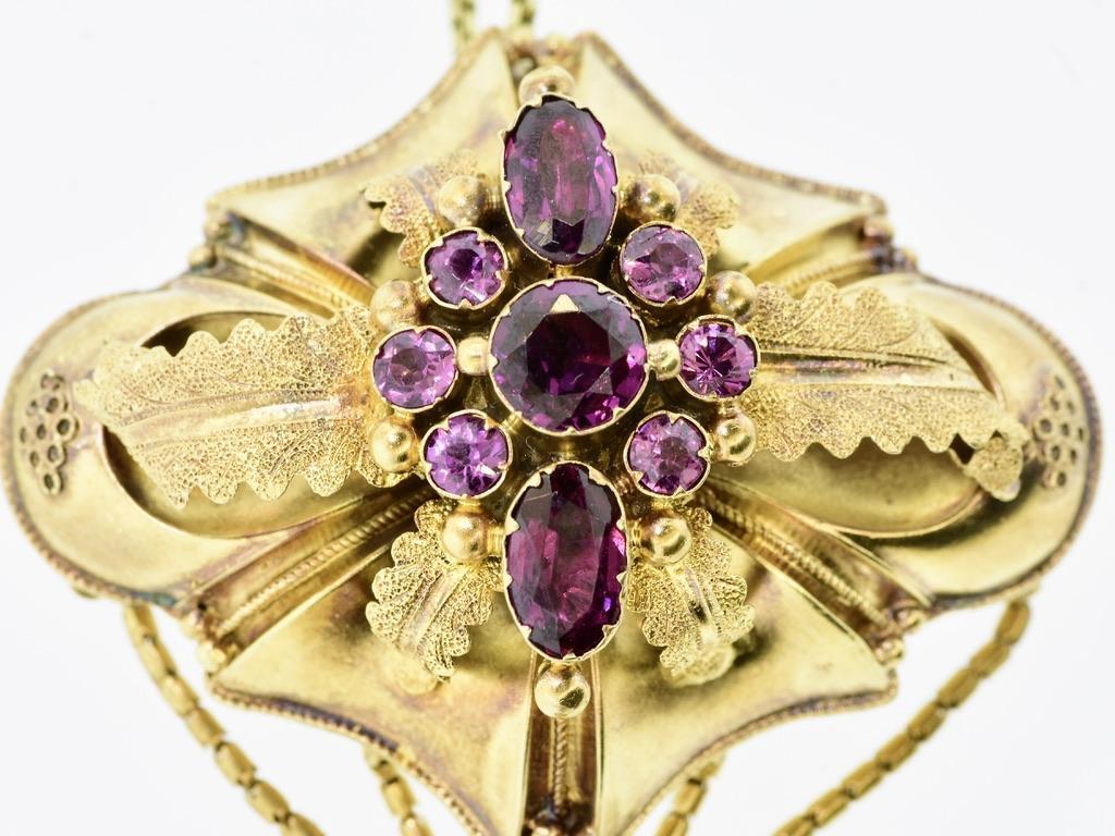 Antique Cushion Cut Antique Garnet Pendant/Brooch, c. 1860 For Sale