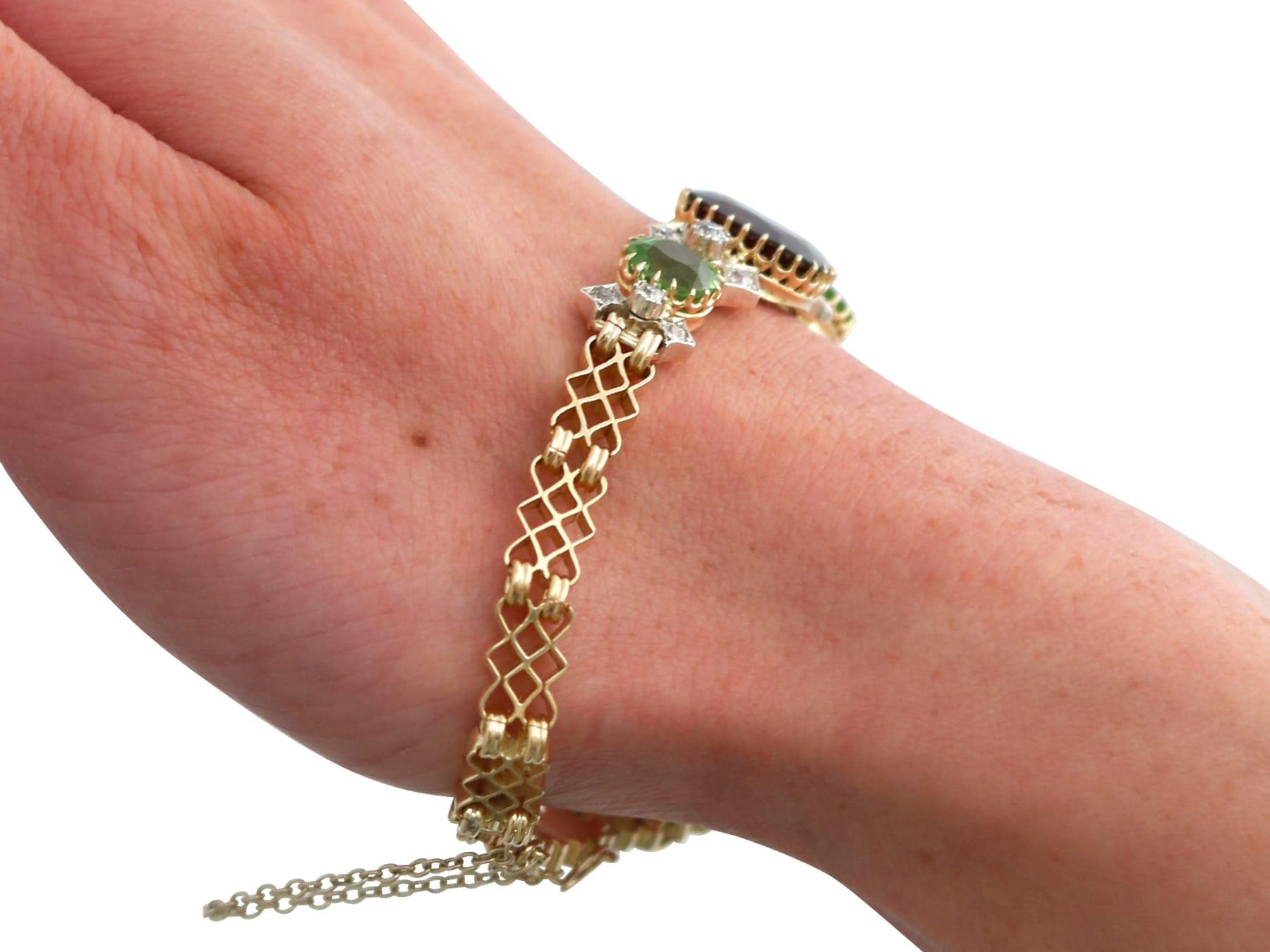 Antique Garnet, Peridot and Diamond, 15 Karat Yellow Gold Bracelet Circa 1910 For Sale 9