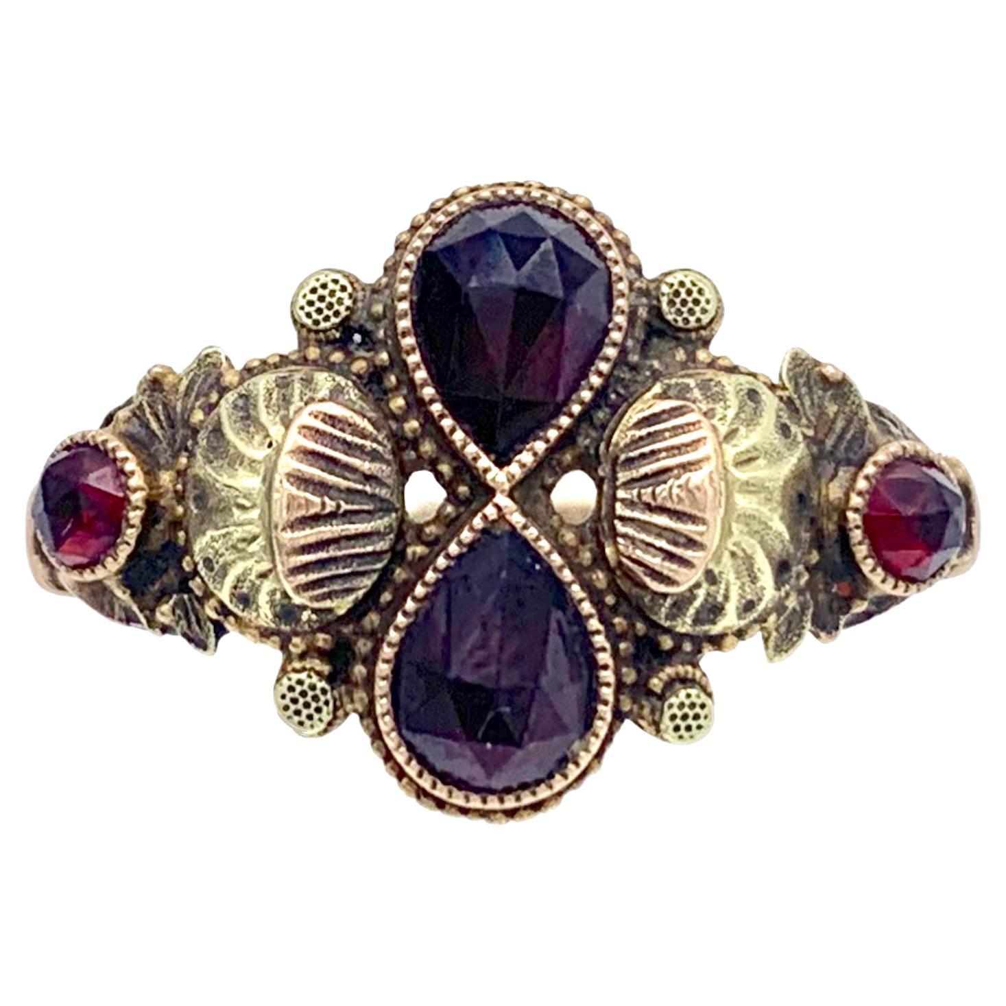 Antique Garnet Ring 3 Colour Gold 14 Karat Eternity Symbol Scallops Butterflies 