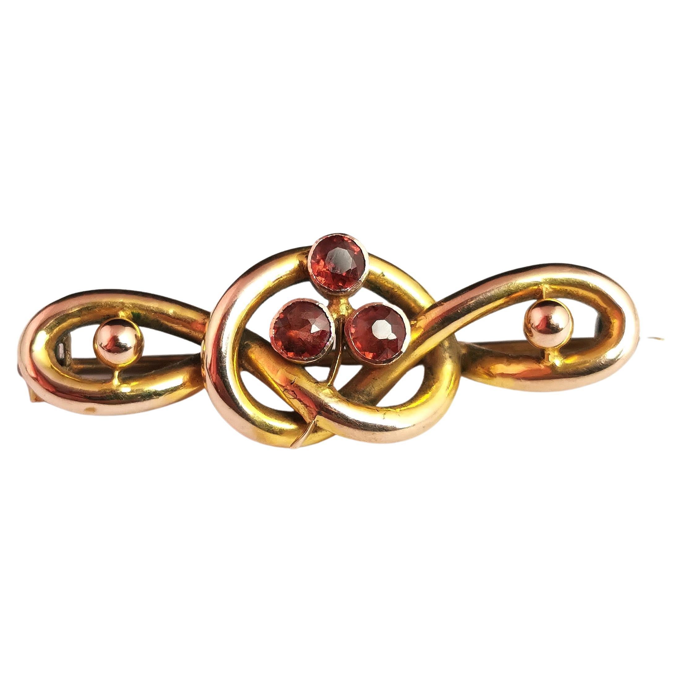 Antique Garnet Shamrock Brooch, 9k Gold, Lovers Knot For Sale