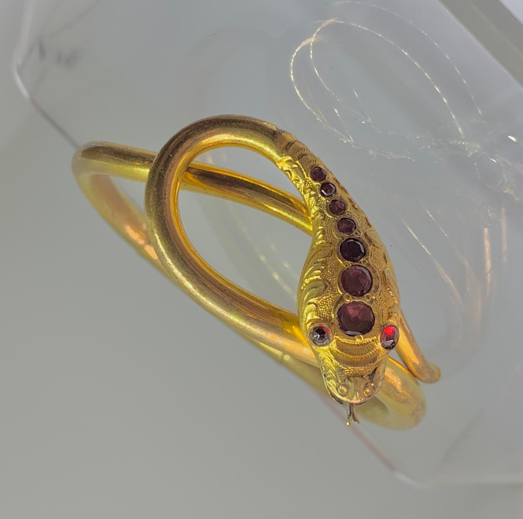Women's or Men's Antique Garnet Snake Bracelet Victorian Serpent Bangle circa 1850 For Sale