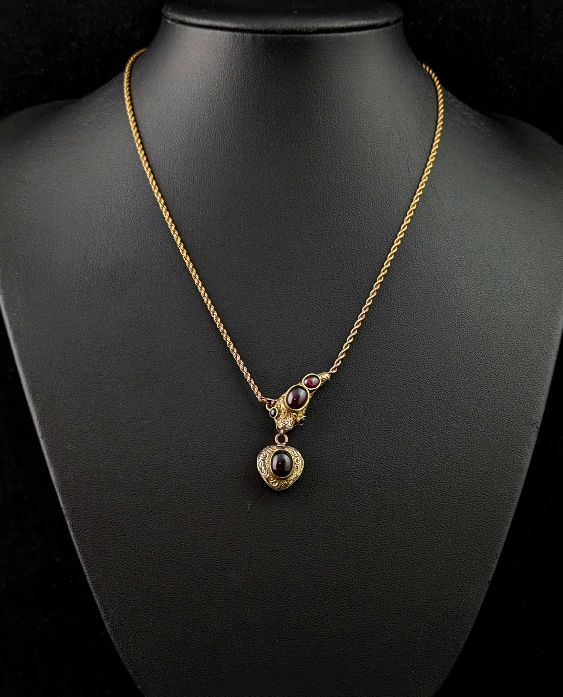 Cabochon Antique Garnet Snake necklace, 15k gold, Victorian For Sale