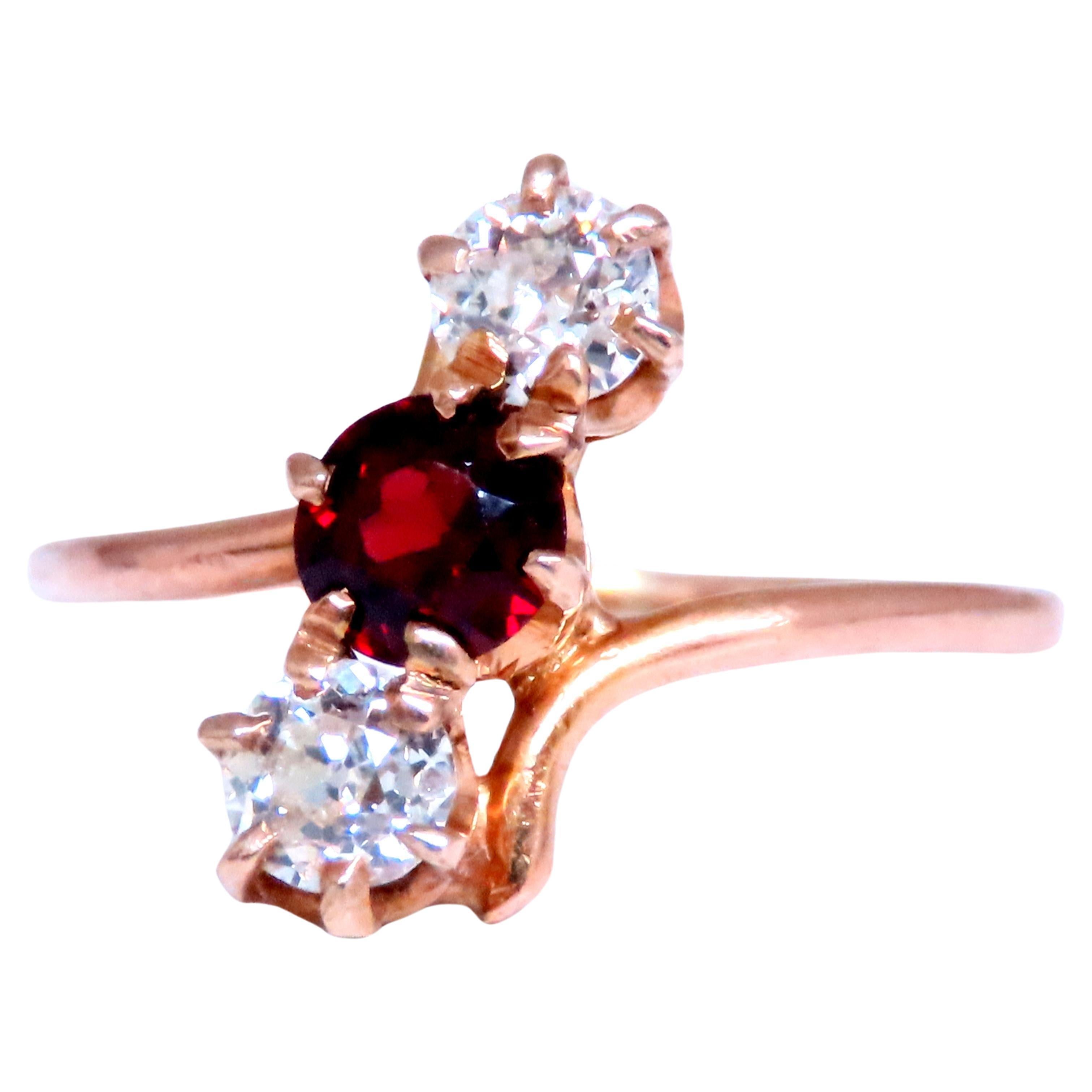 Antique Garnet Three Stone Diamonds Ring 14kt Gold 12548