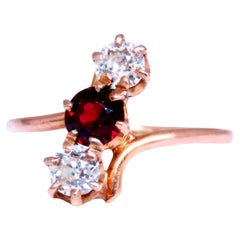 Antique Garnet Three Stone Diamonds Ring 14kt Gold 12548