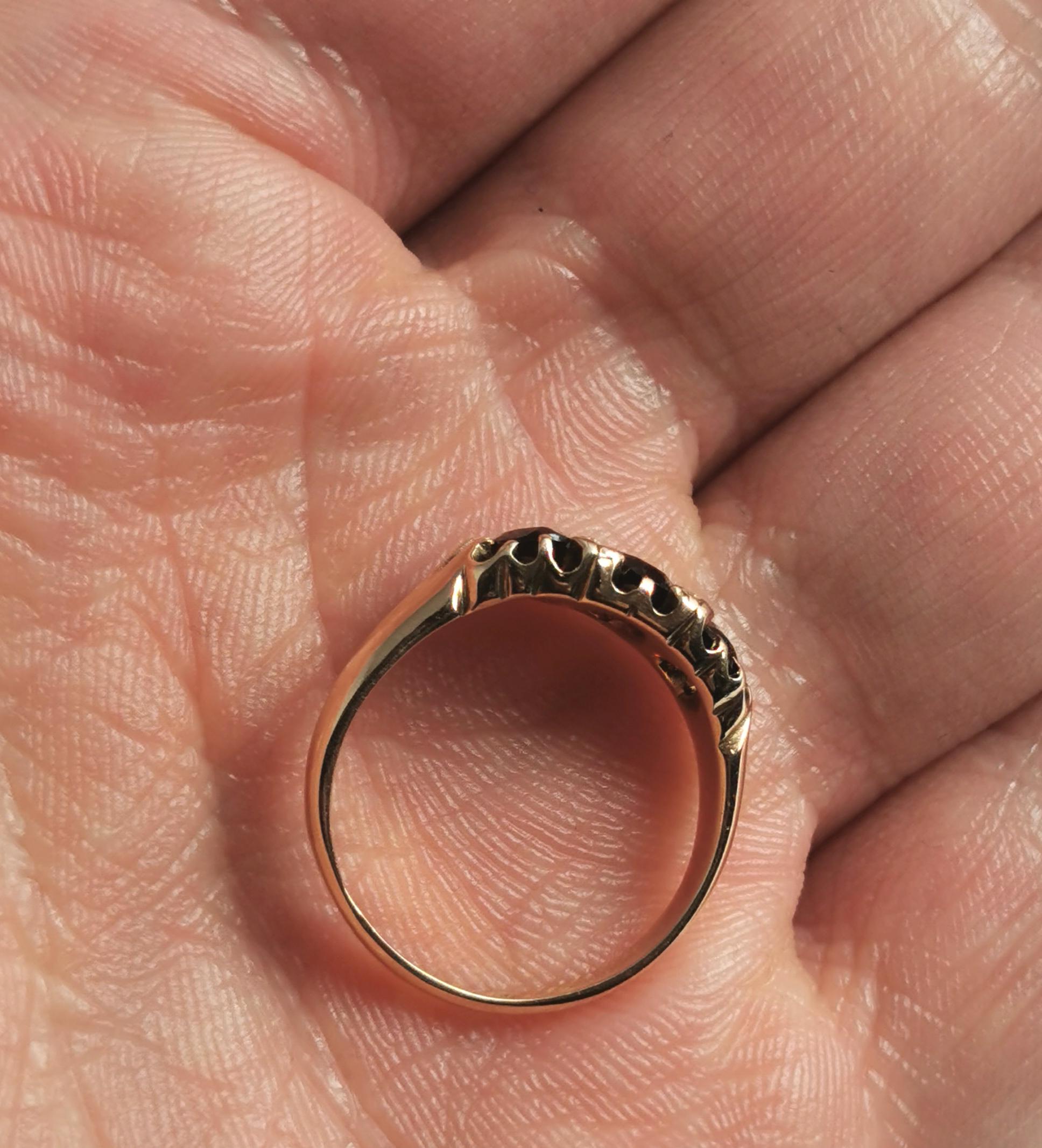 Antique Garnet Three Stone Ring, 9k Gold, Victorian 2