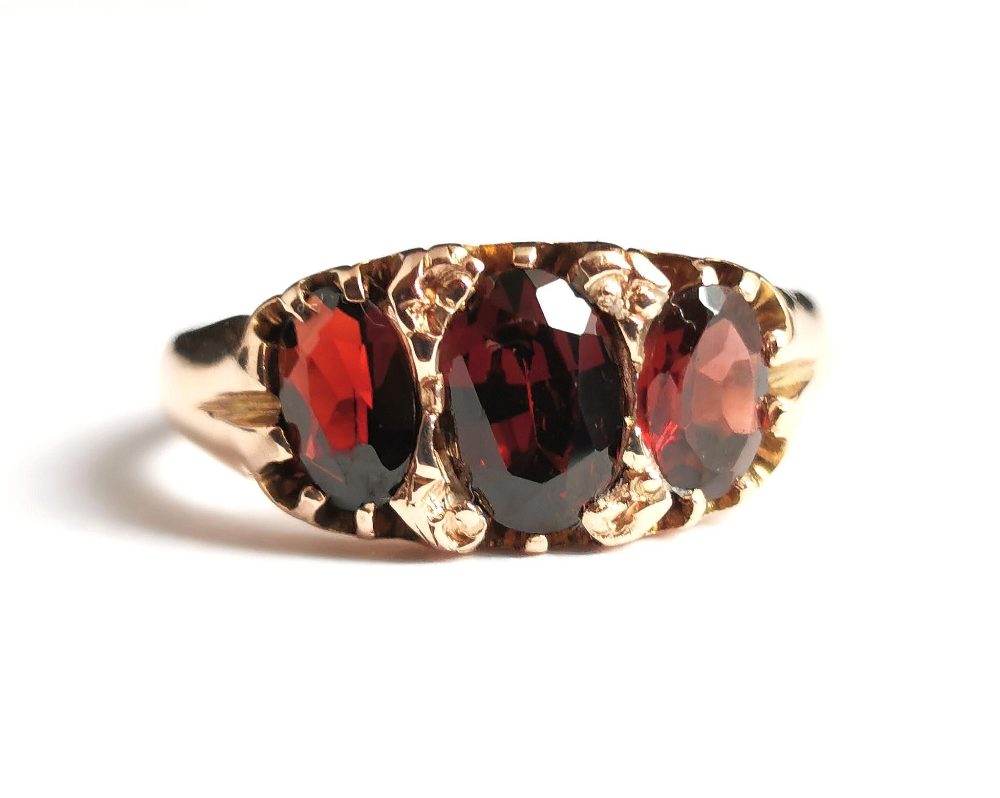 Antique Garnet Three Stone Ring, 9k Gold, Victorian 3