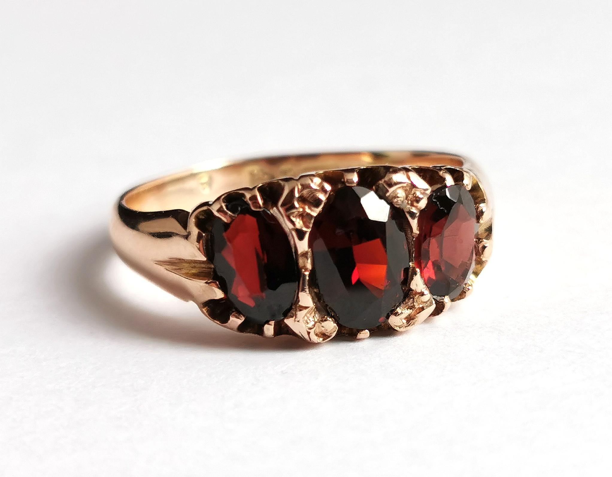 Antique Garnet Three Stone Ring, 9k Gold, Victorian 4