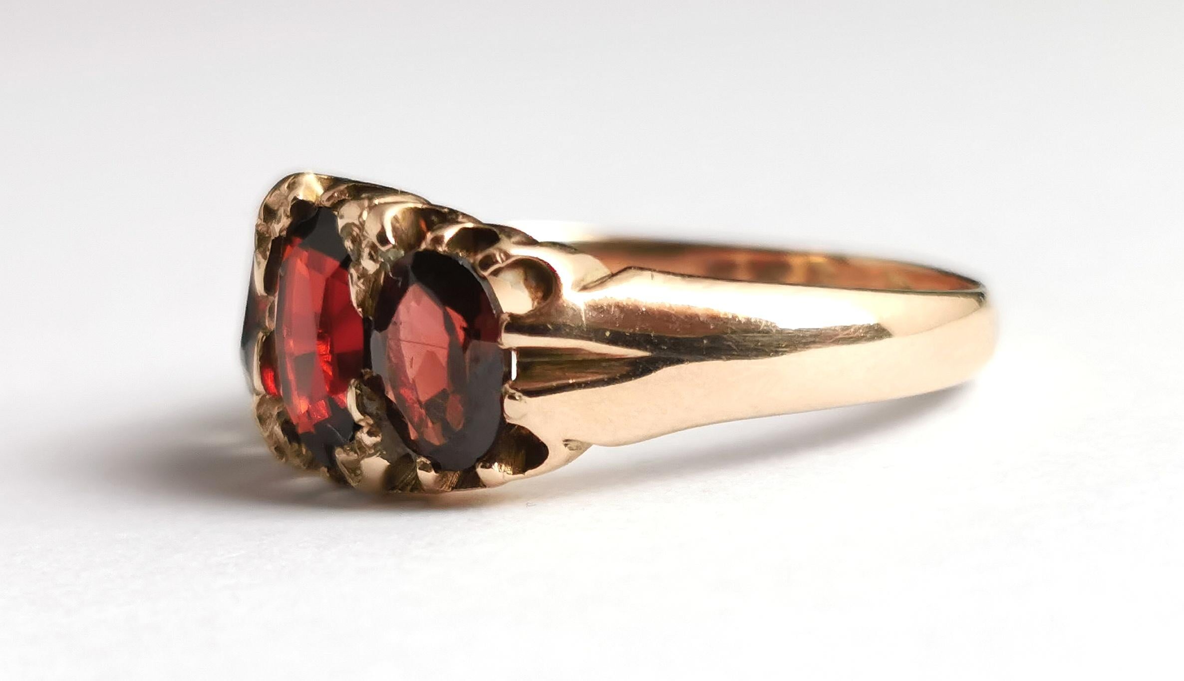 Antique Garnet Three Stone Ring, 9k Gold, Victorian 6