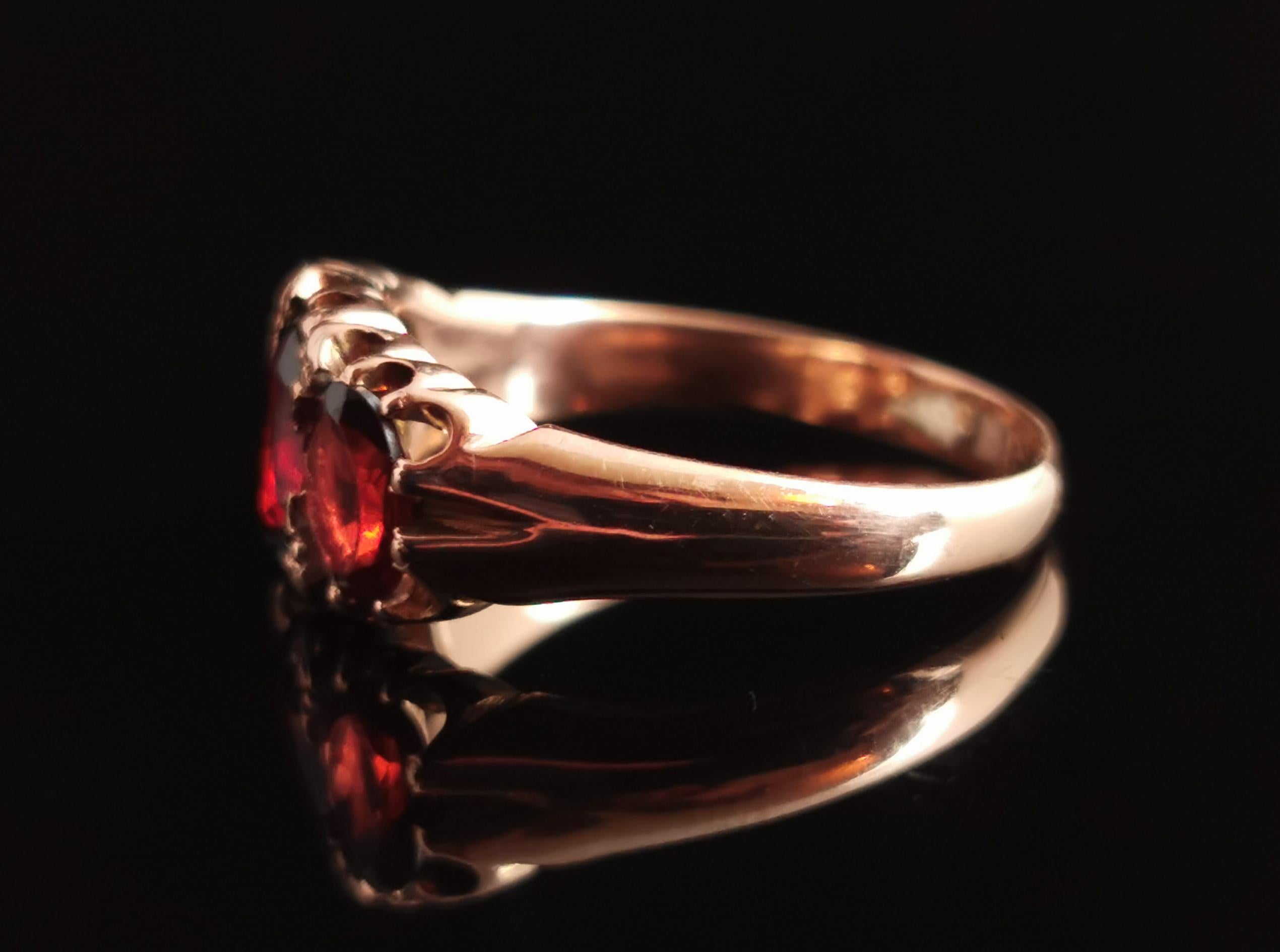 Women's Antique Garnet Three Stone Ring, 9k Gold, Victorian