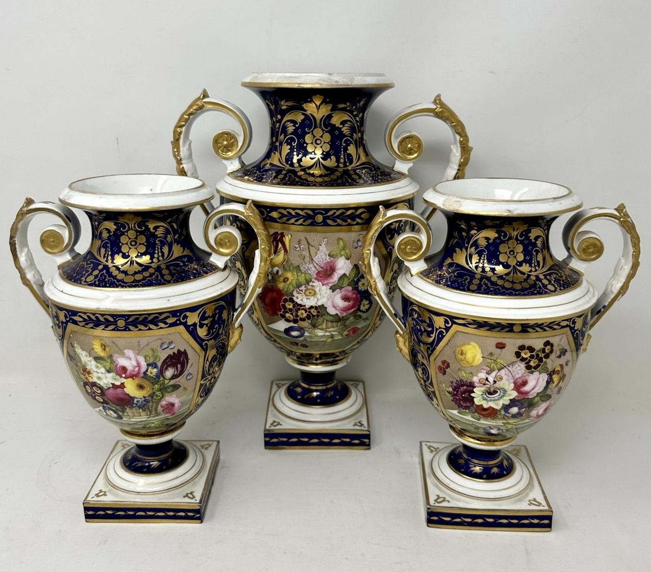 Regency Antique Garniture English Royal Crown Derby Porcelain Vases by Thomas Steel 19C  For Sale
