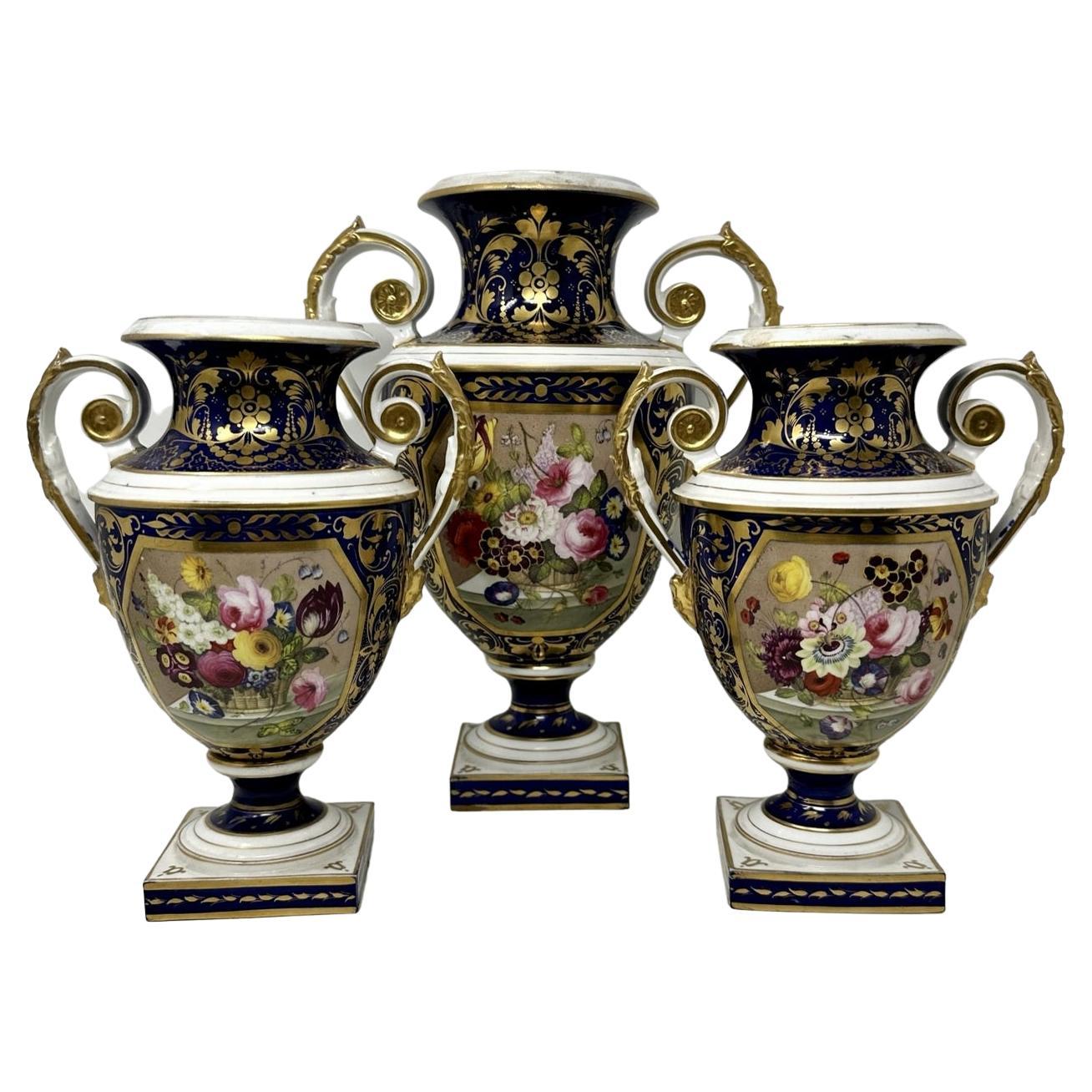 Antique Garniture English Royal Crown Derby Porcelain Vases by Thomas Steel 19C  For Sale