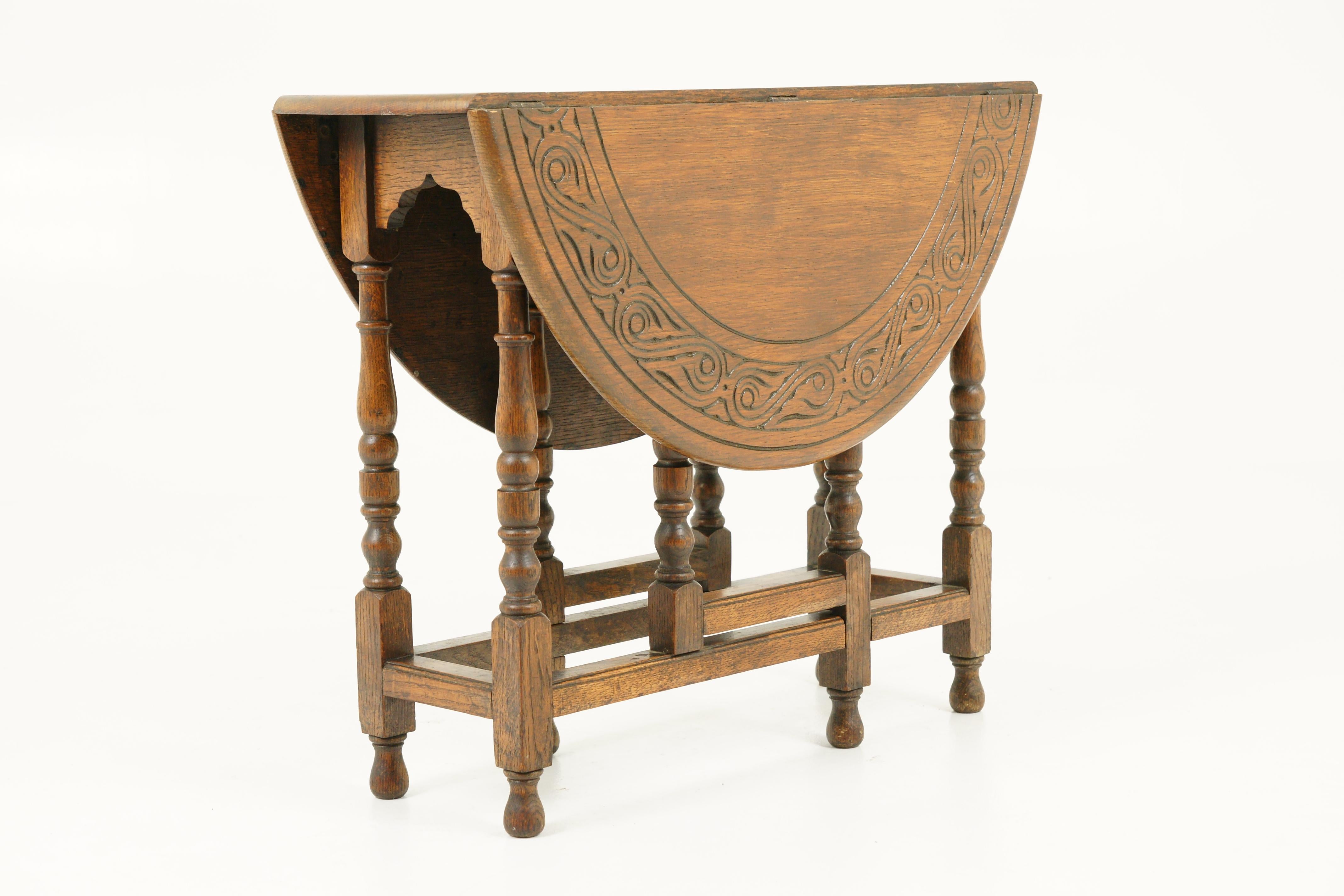Hand-Crafted Antique Gateleg Table, Carved Drop Leaf Table, Scotland 1930, B1717