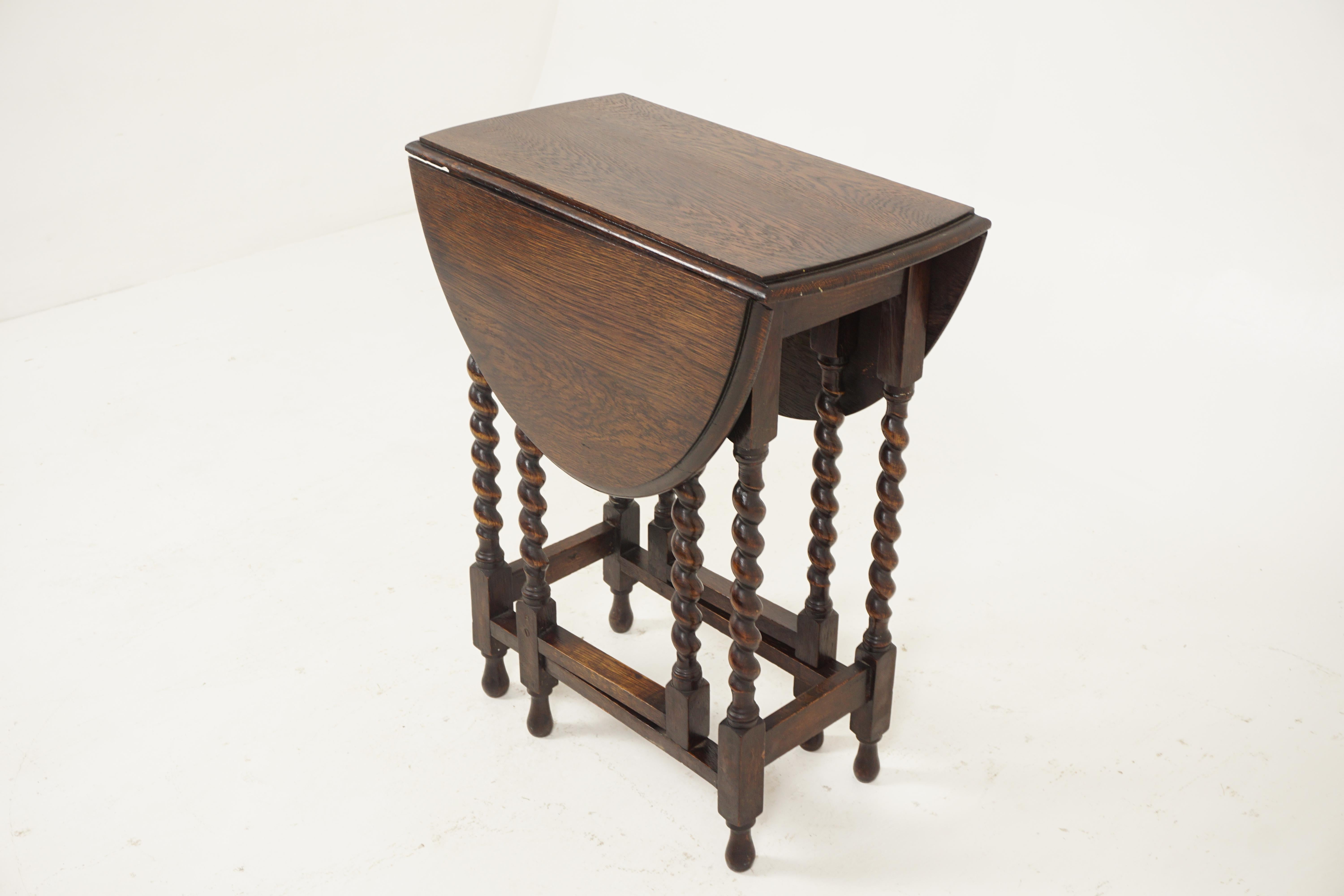 Antique Gateleg table, oak, barley twist drop leaf table, Scotland 1920, B2651

Scotland 1920
Solid oak
Original finish
Solid oak with drop leaves to the sides
All standing on eight barley twist legs
Connected by stretchers to the base
Nice
