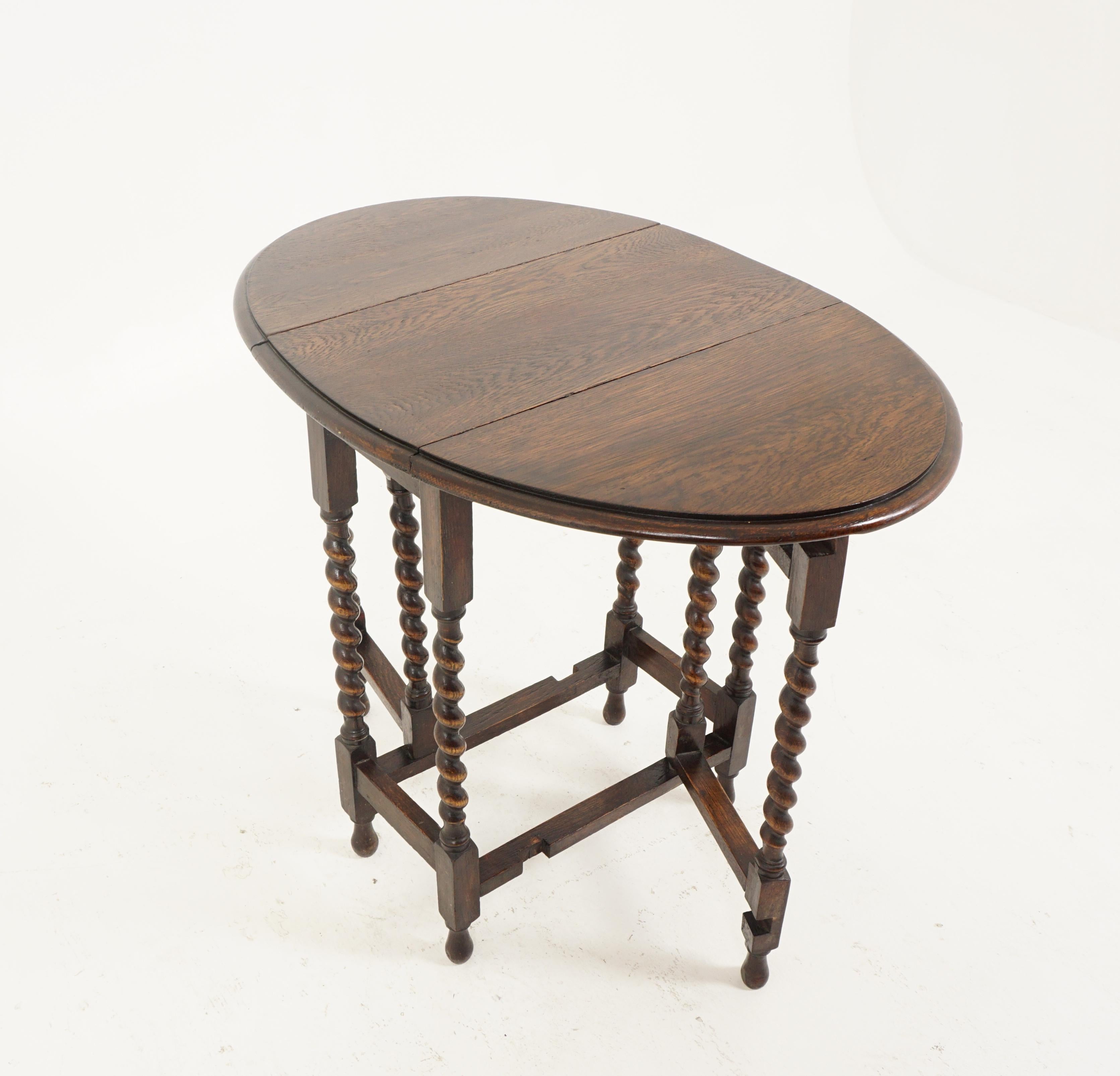 Hand-Crafted Antique Gateleg Table, Oak,  Barley Twist Drop Leaf Table, Scotland 1920, B2651