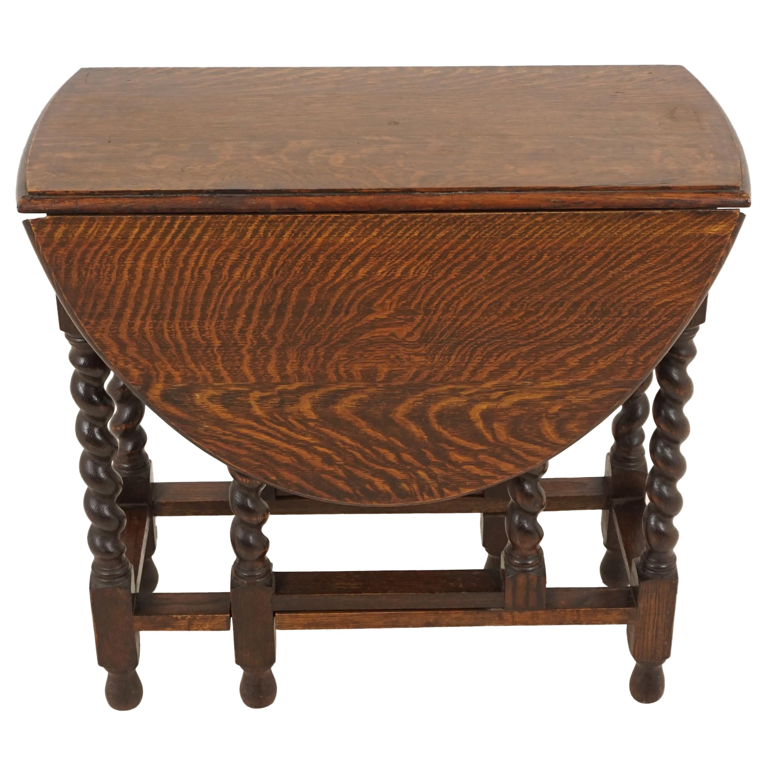 Antique Gateleg Table, Tiger Oak, Barley Twist, Drop Leaf Table, Scotland, 1920
