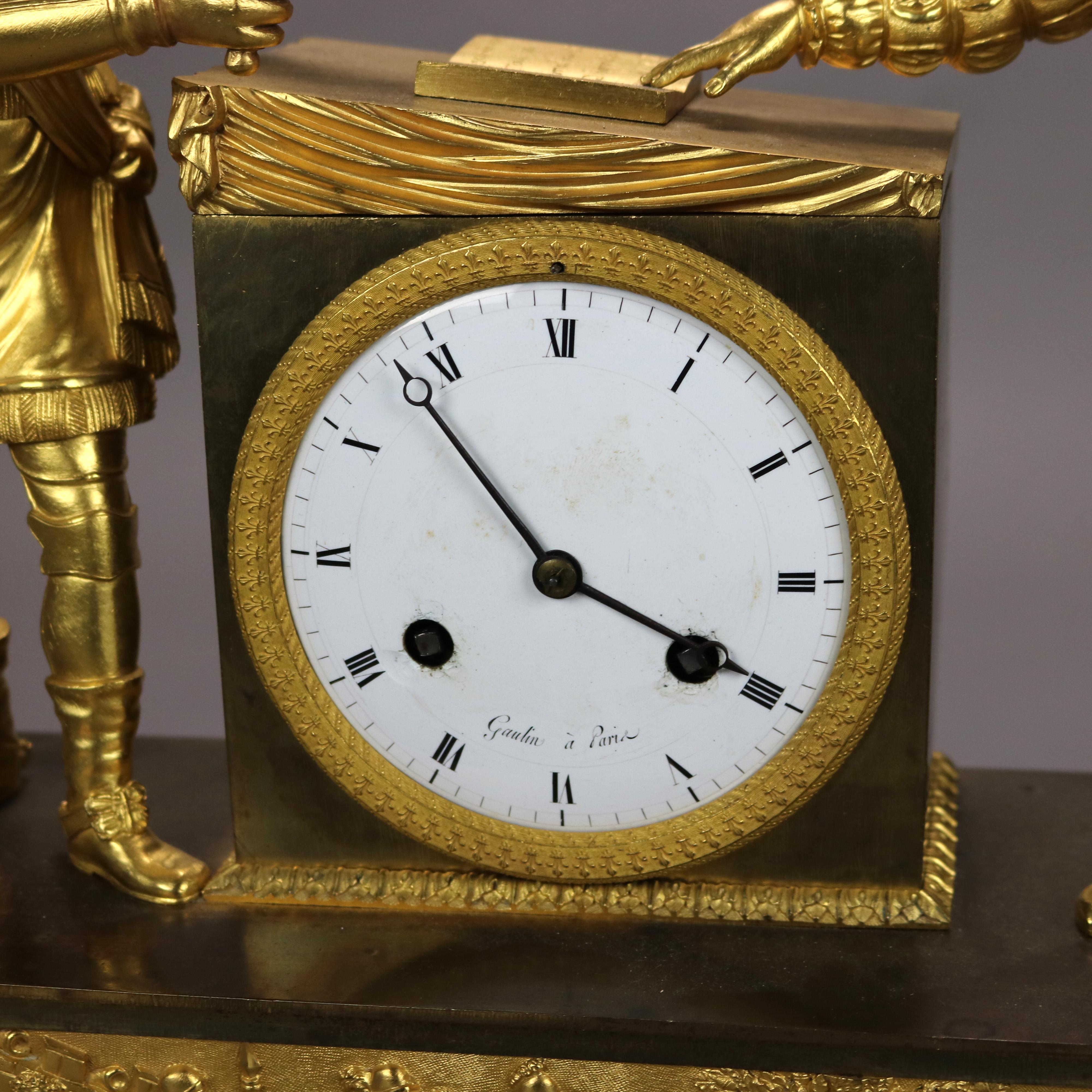 Antique Gaulin A’ Paris French Empire Gilt Bronze Figural Clock C1830 In Good Condition In Big Flats, NY