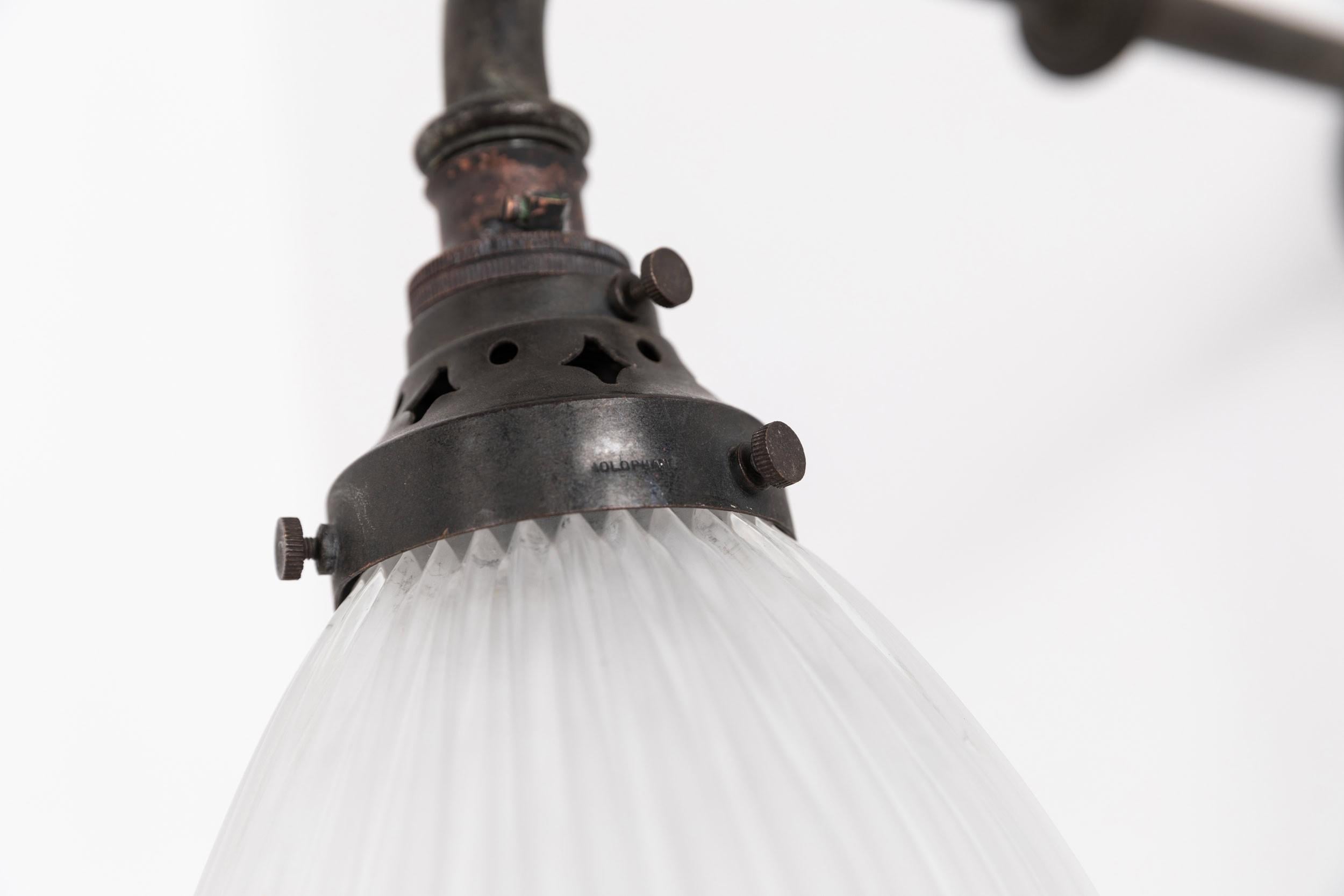 Art Deco Antique GEC / Holophane Prismatic Glass Brass Swan Neck Wall Lamp, c.1920 For Sale