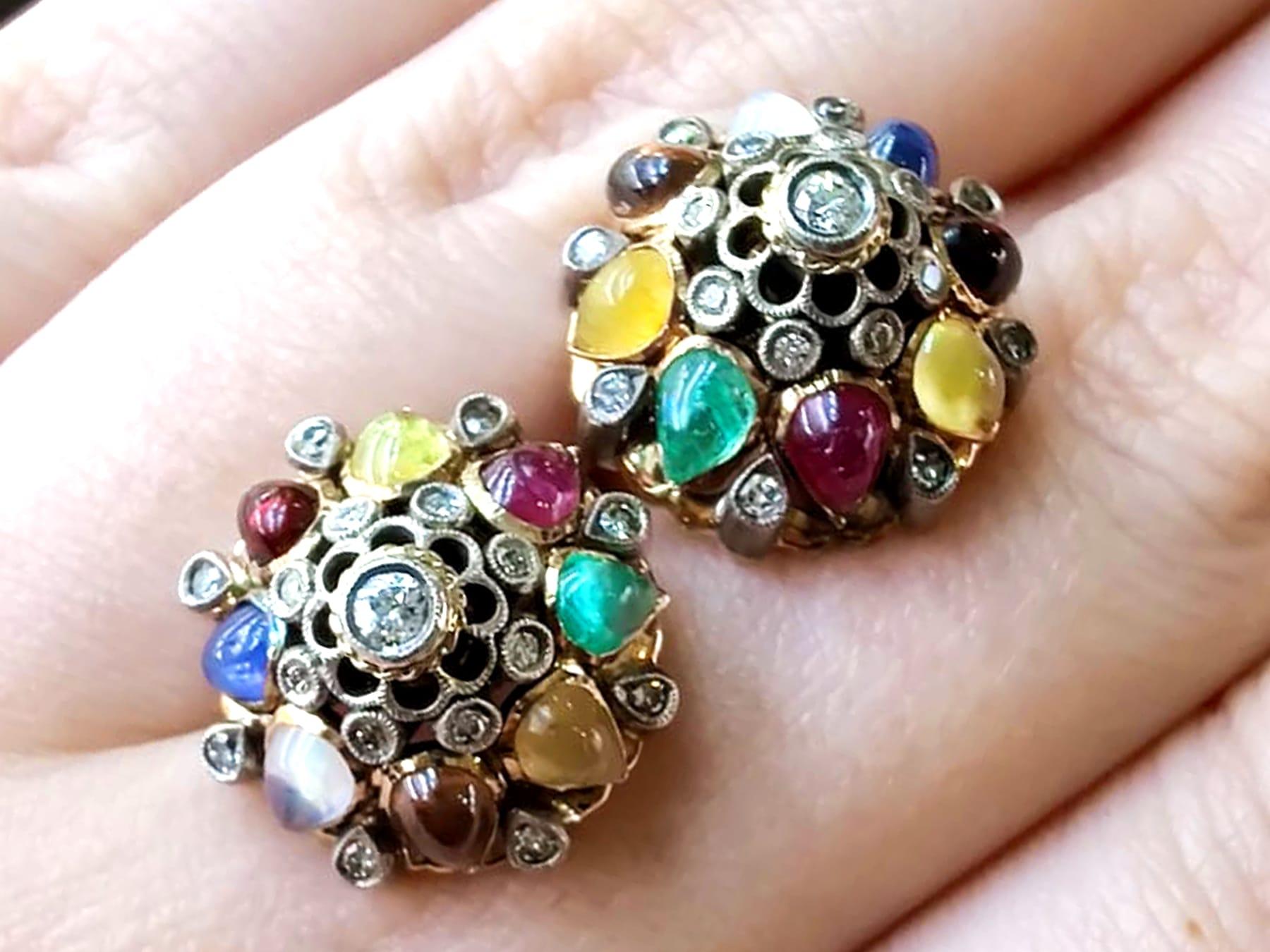 Antique Gemstone and 0.48 Carat Diamond Yellow Gold Cluster Earrings In Excellent Condition For Sale In Jesmond, Newcastle Upon Tyne