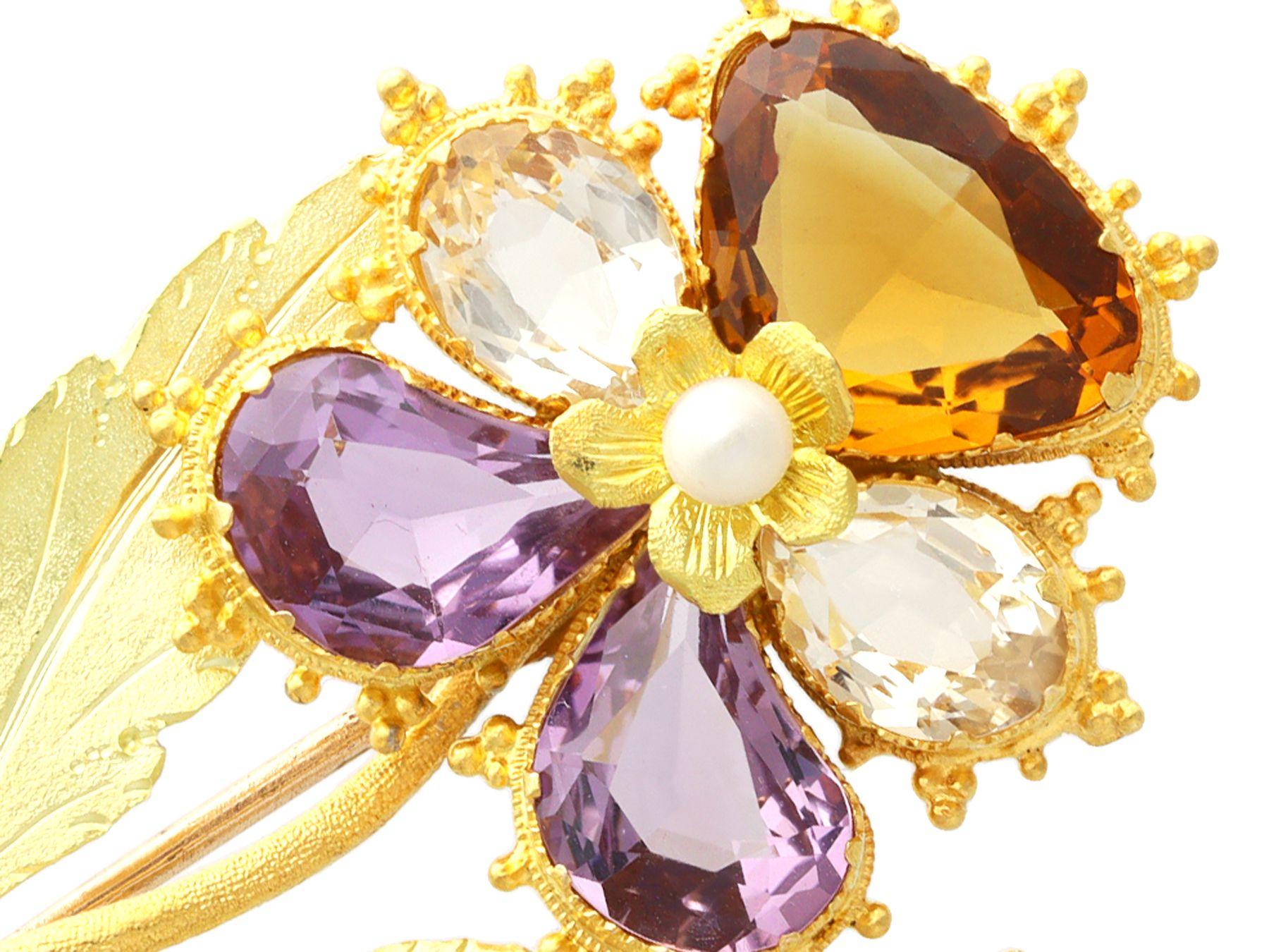Pear Cut Antique 1820s Gemstone and Pearl Yellow Gold Pansy Brooch For Sale